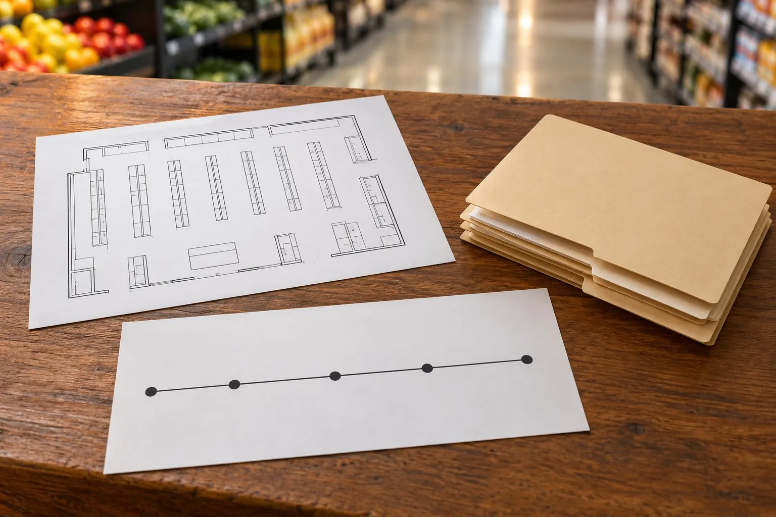 Illustration of a grocery floor plan, a blank timeline and organized evidence folders.