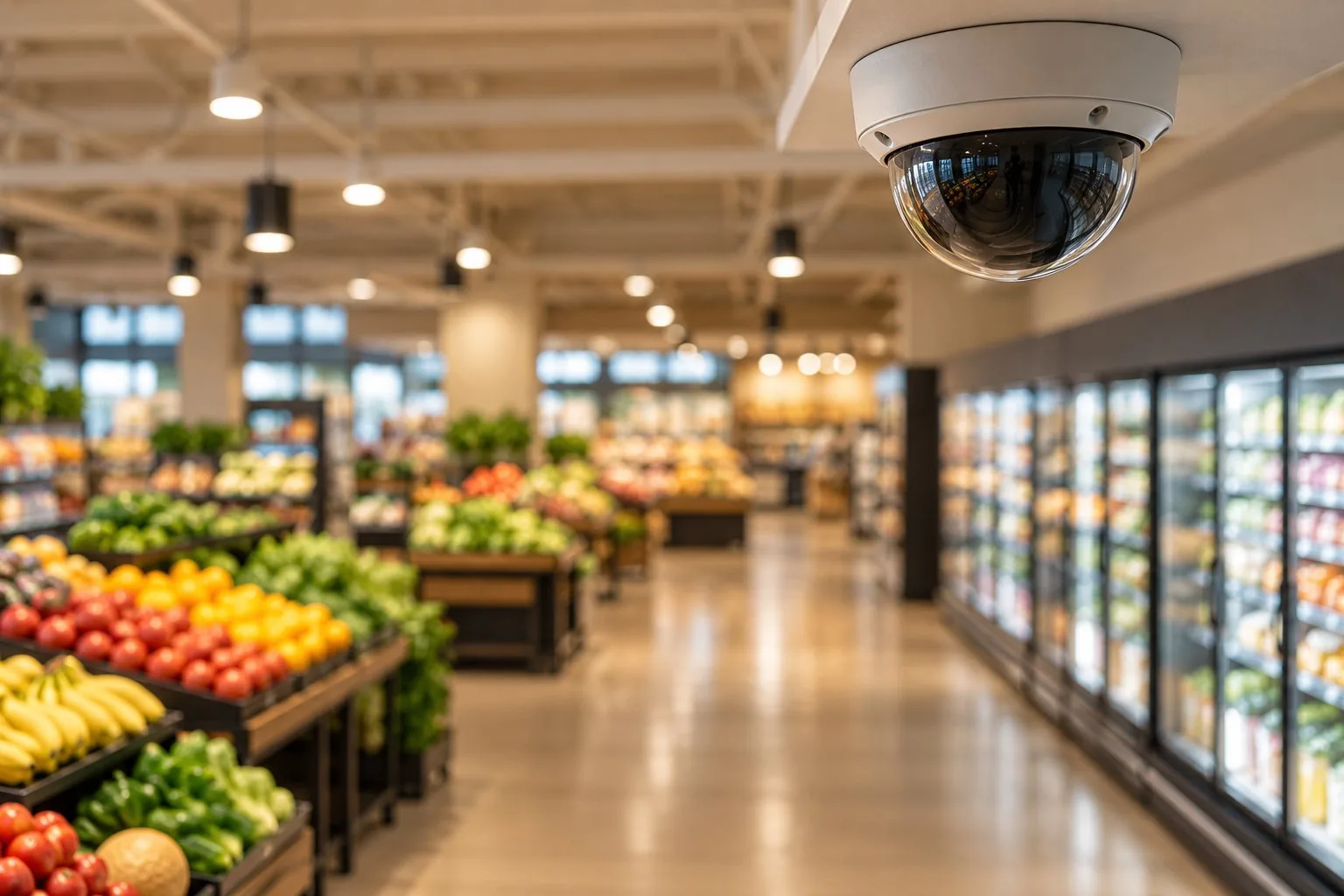Illustration of a security camera above an unbranded grocery aisle.
