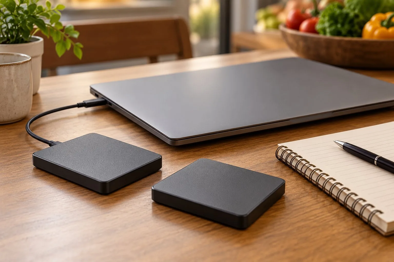 Illustration of a closed laptop, two external drives and a notebook.