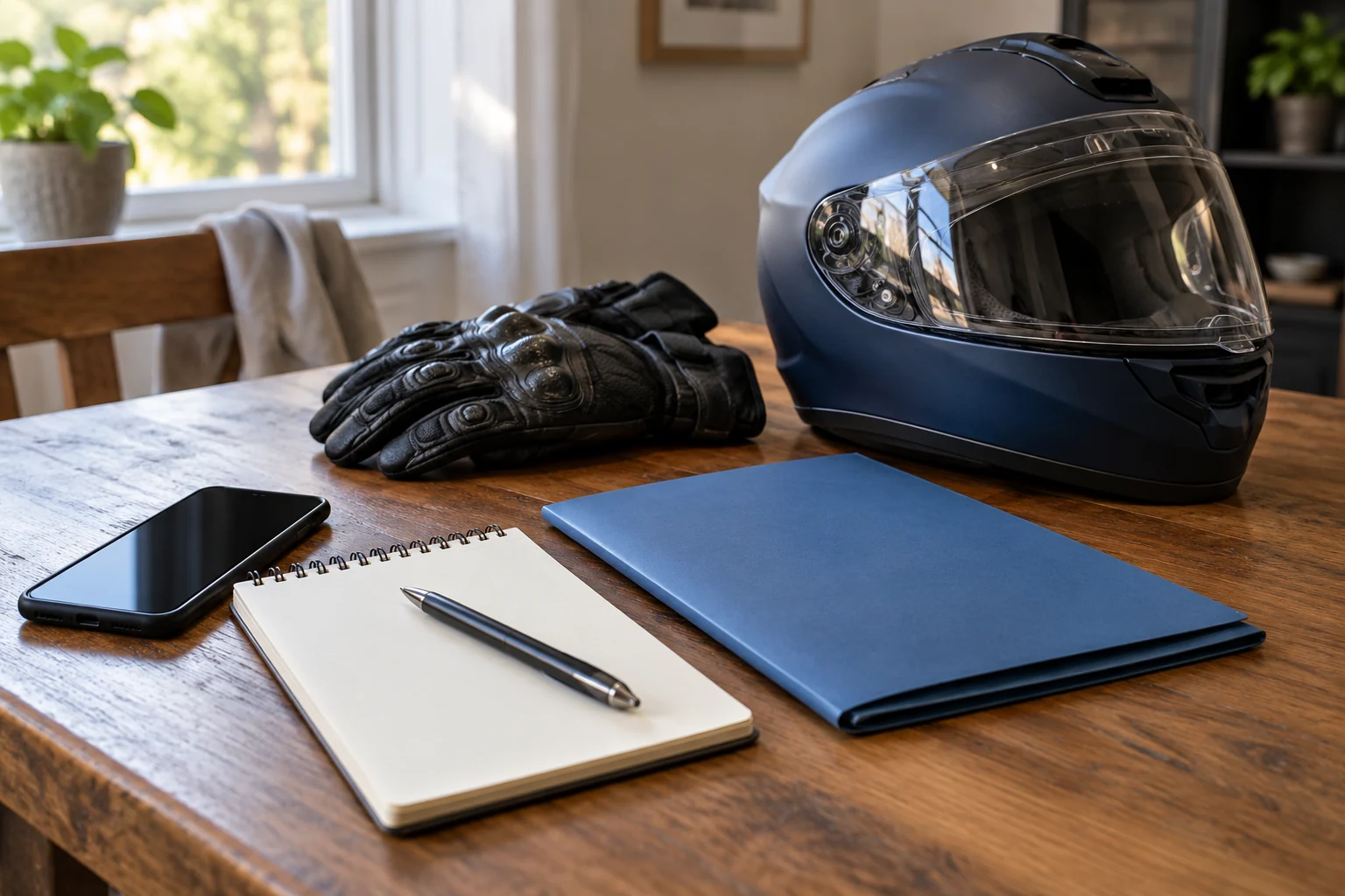 A navy motorcycle helmet, black gloves, blank notepad, phone and blue folder on a wooden table.