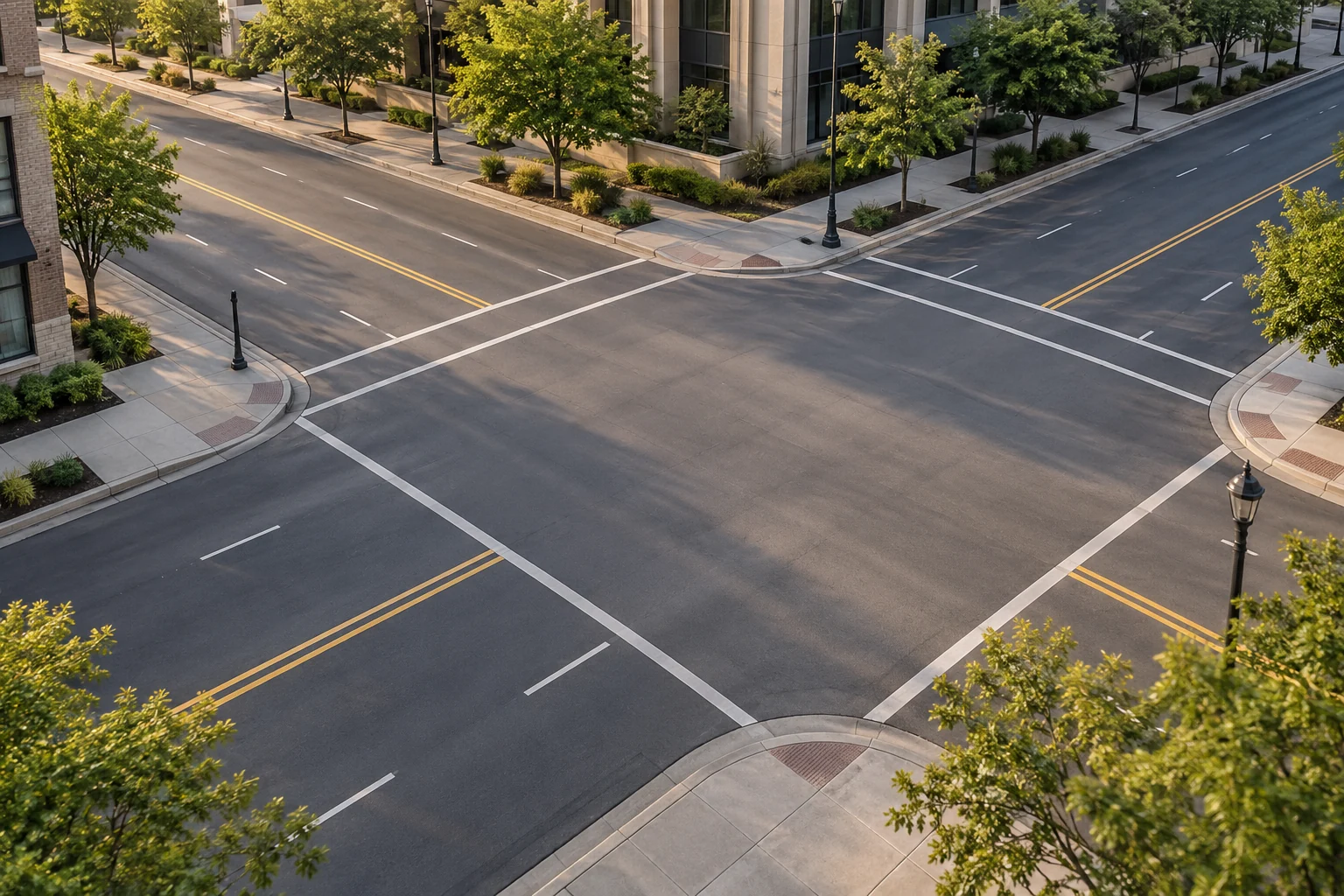 An empty four-way intersection with marked traffic lanes, sidewalks, trees and generic buildings.
