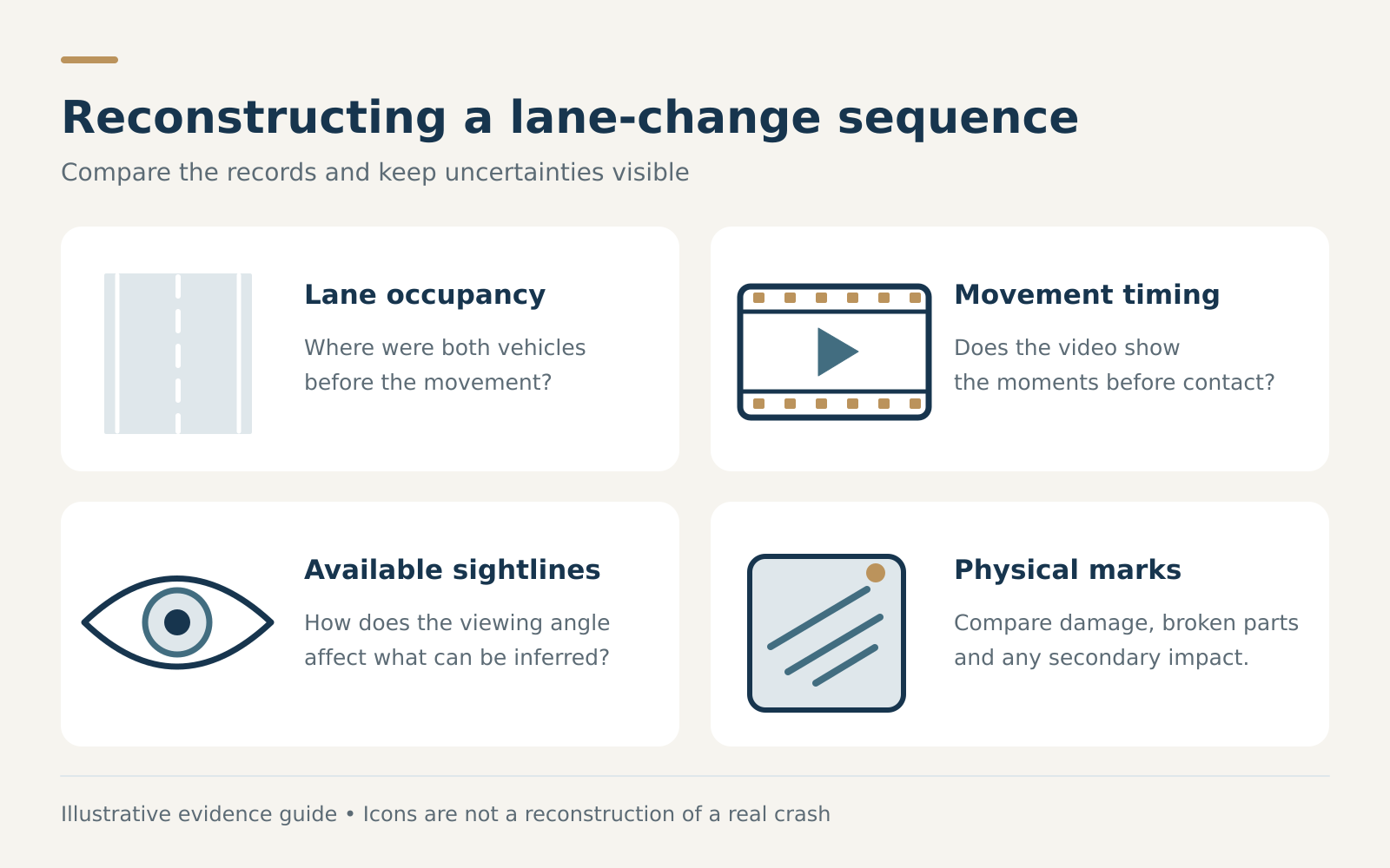Lane-change review questions about lane occupancy, movement timing, available sightlines, and damage or other physical marks.