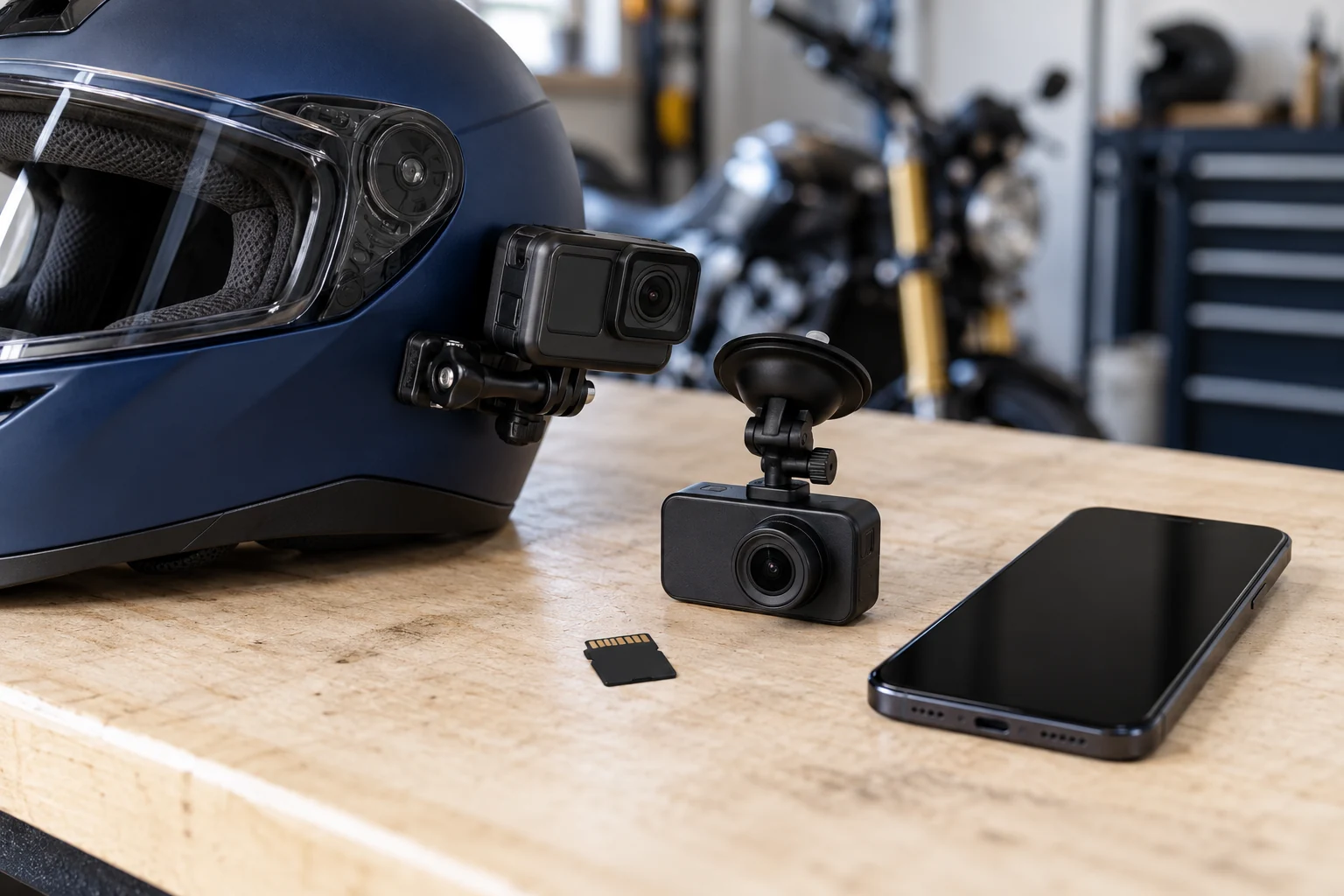 A helmet-mounted action camera, separate dash camera, memory card and blank-screen phone on a worktable.