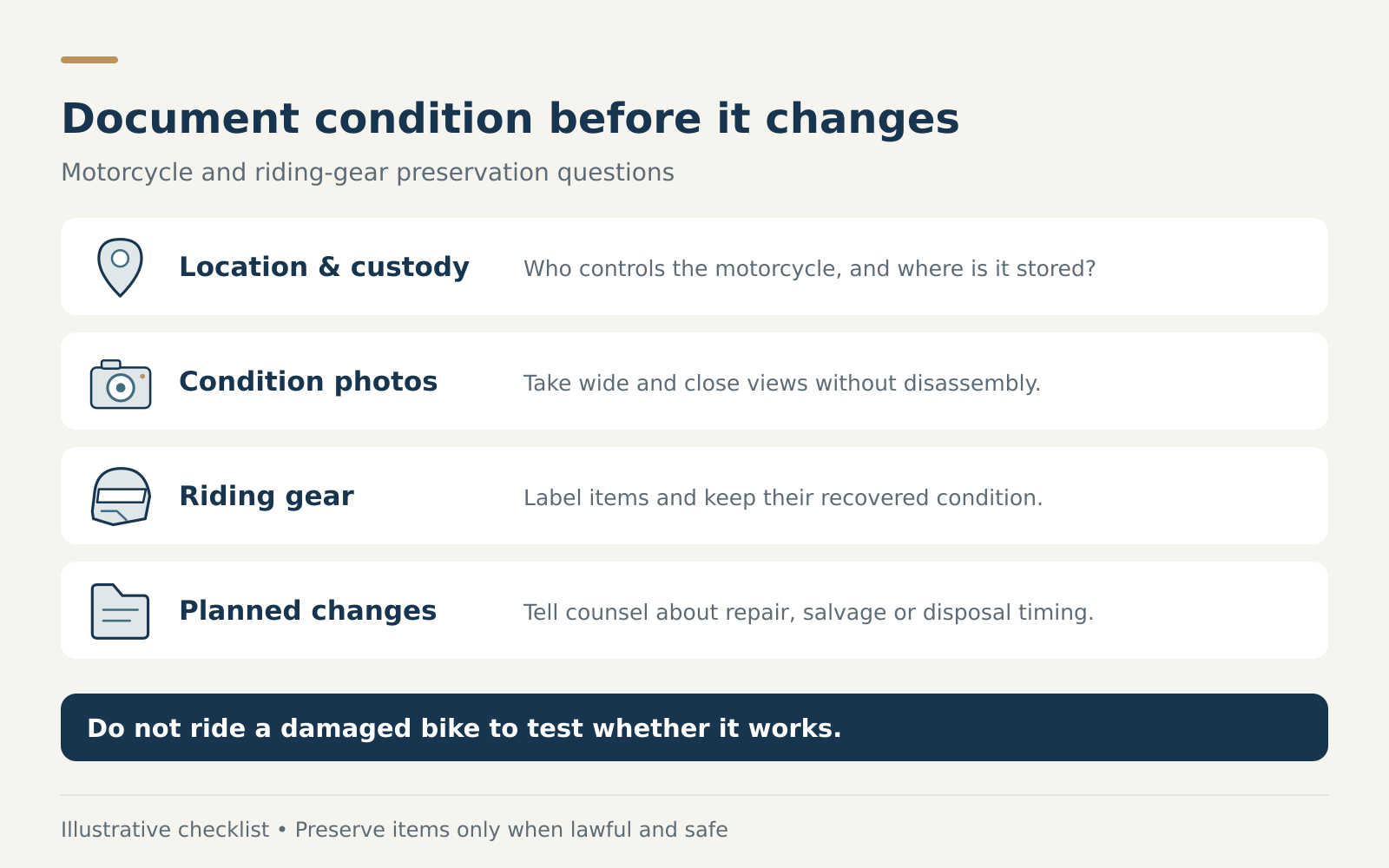 Checklist covering motorcycle location and custody, condition photos, riding gear and planned repair or disposal, with a warning not to test-ride a damaged bike.