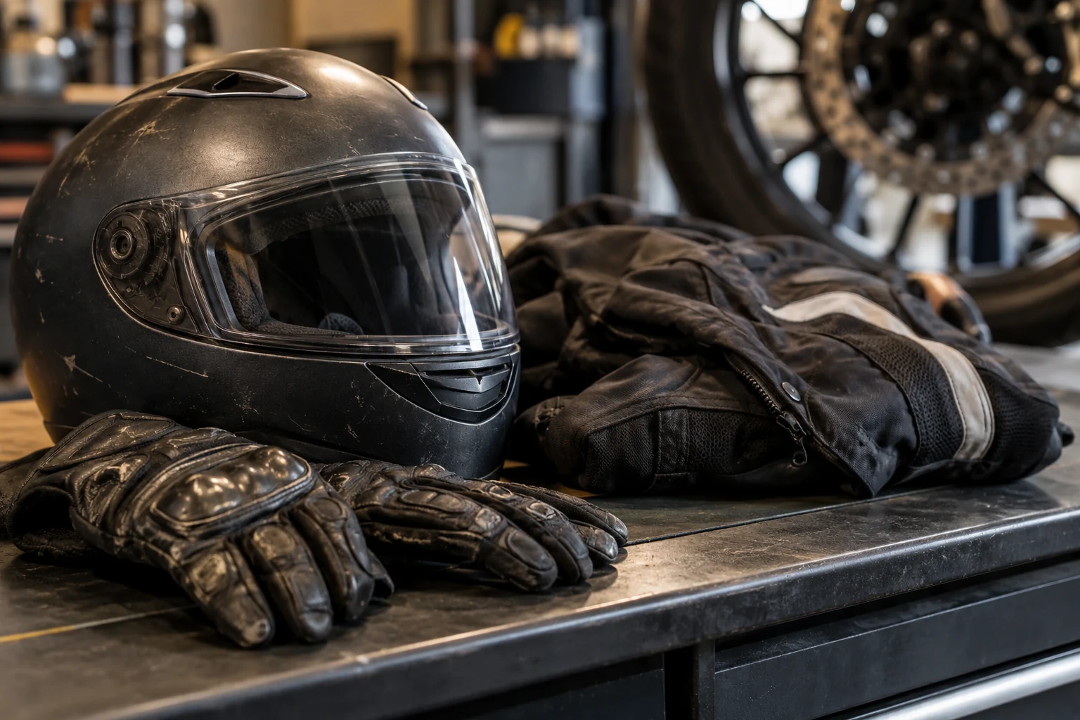 A scuffed full-face helmet, worn riding gloves and folded motorcycle jacket on a workshop bench.