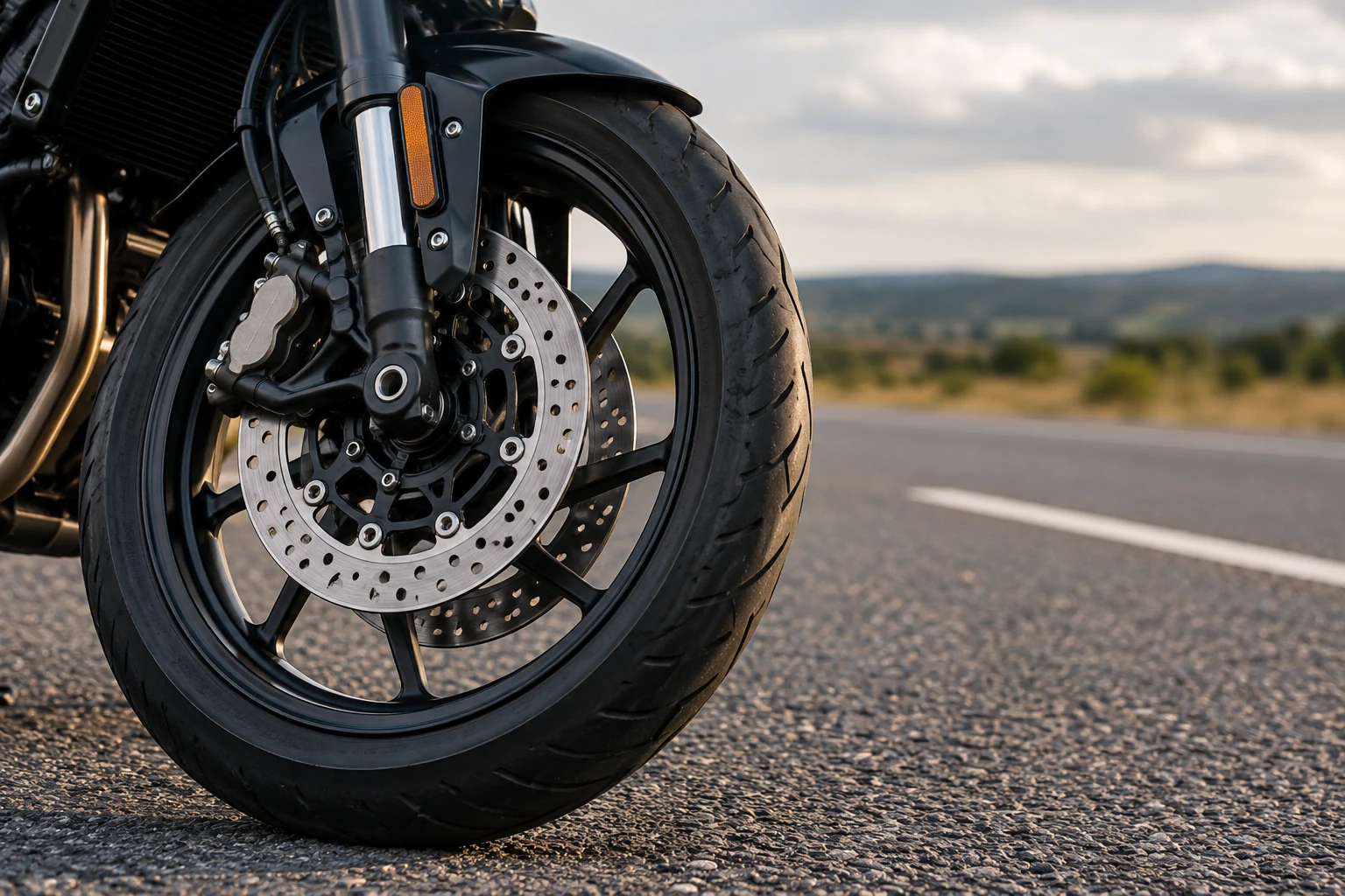 Close view of a motorcycle front tire, brake disc and fork beside a blurred road marking.