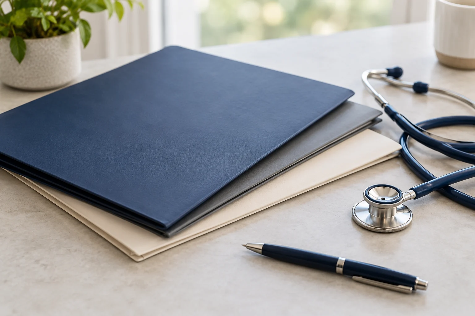 Three closed folders, a stethoscope and a pen on a pale desk beside a window.
