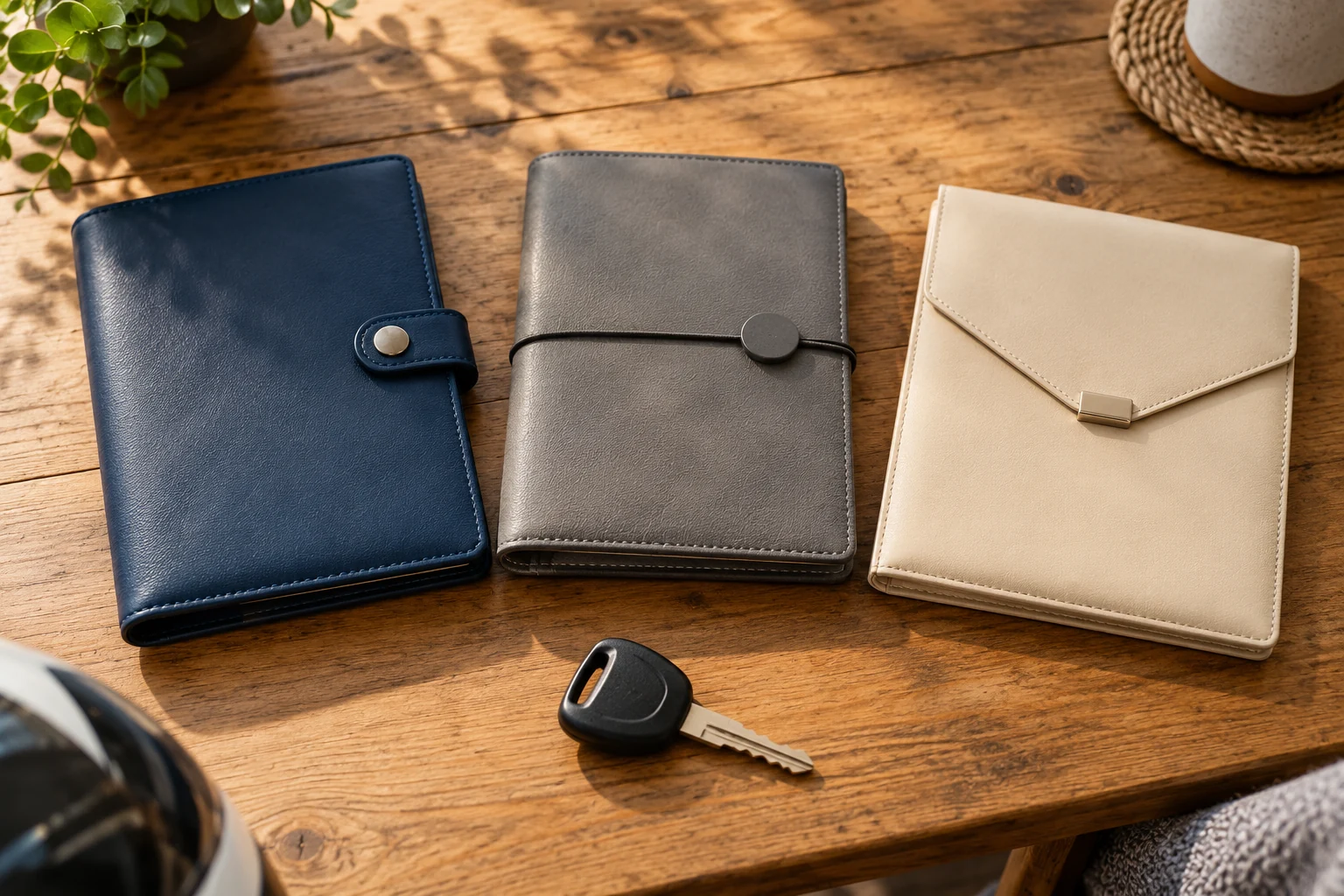 Navy, gray and cream document wallets arranged beside an unmarked vehicle key on a wooden table.