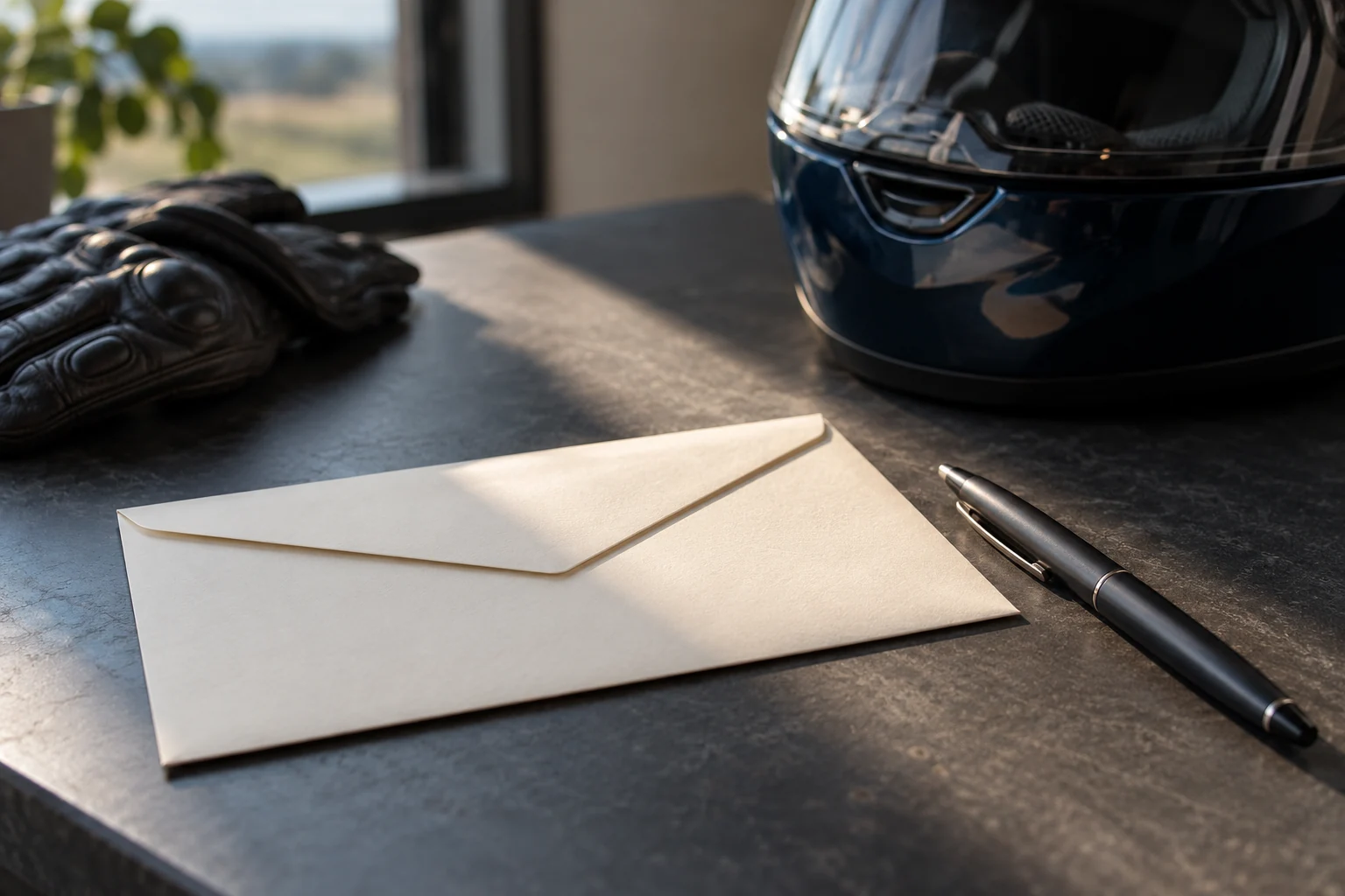 A closed cream envelope and pen on a dark table, with motorcycle gloves and a helmet behind them.