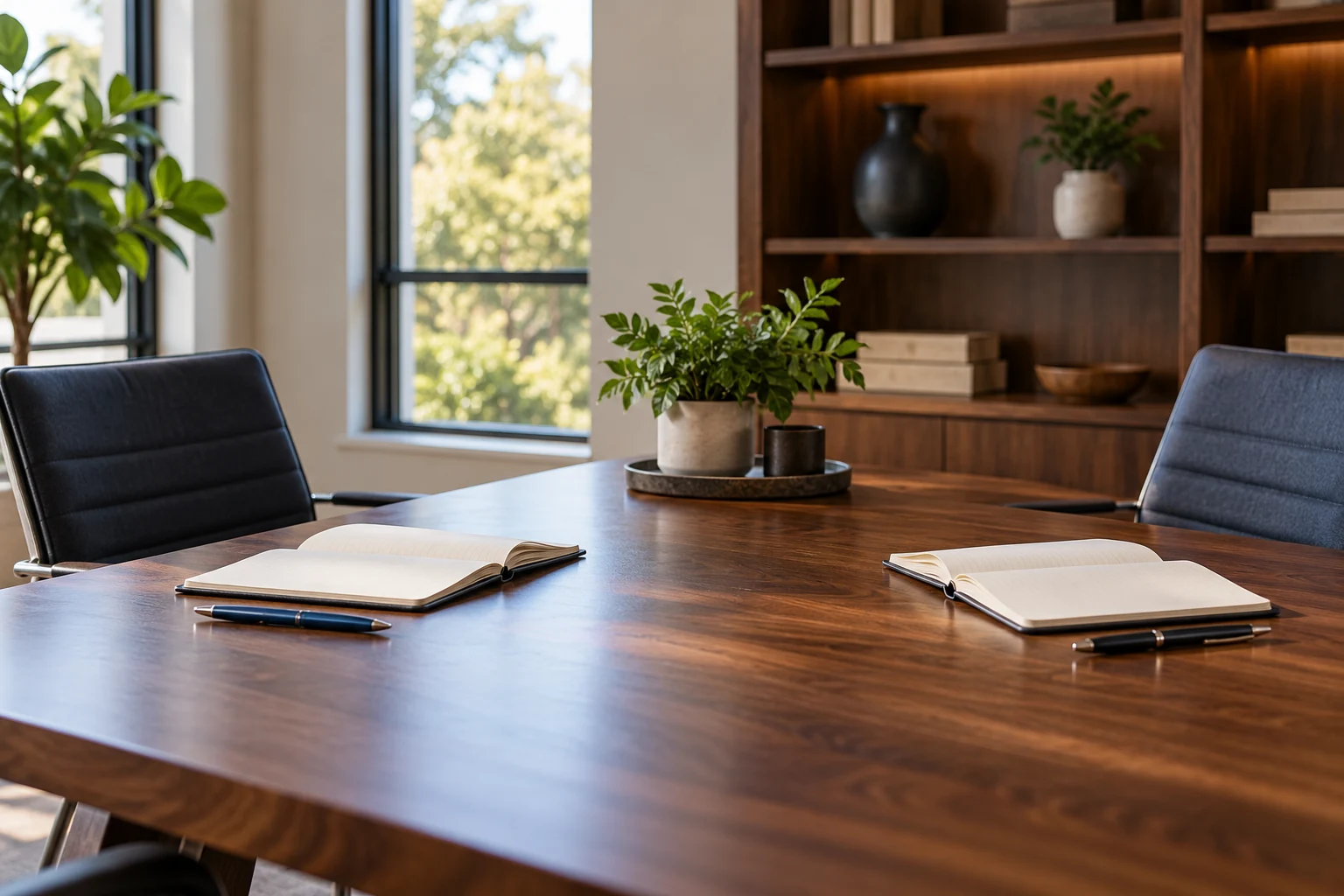 Two open blank notebooks and pens on opposite sides of an empty professional meeting table.