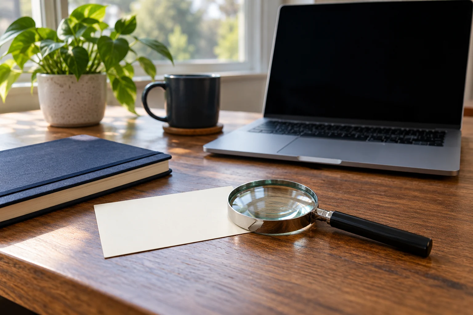 A magnifying glass on a blank card beside a notebook and a laptop with a dark screen.