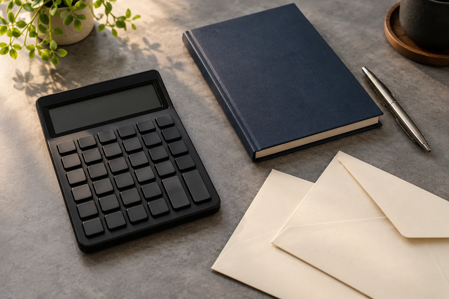 A blank-key calculator, closed navy notebook, pen and cream envelopes on a gray desk.