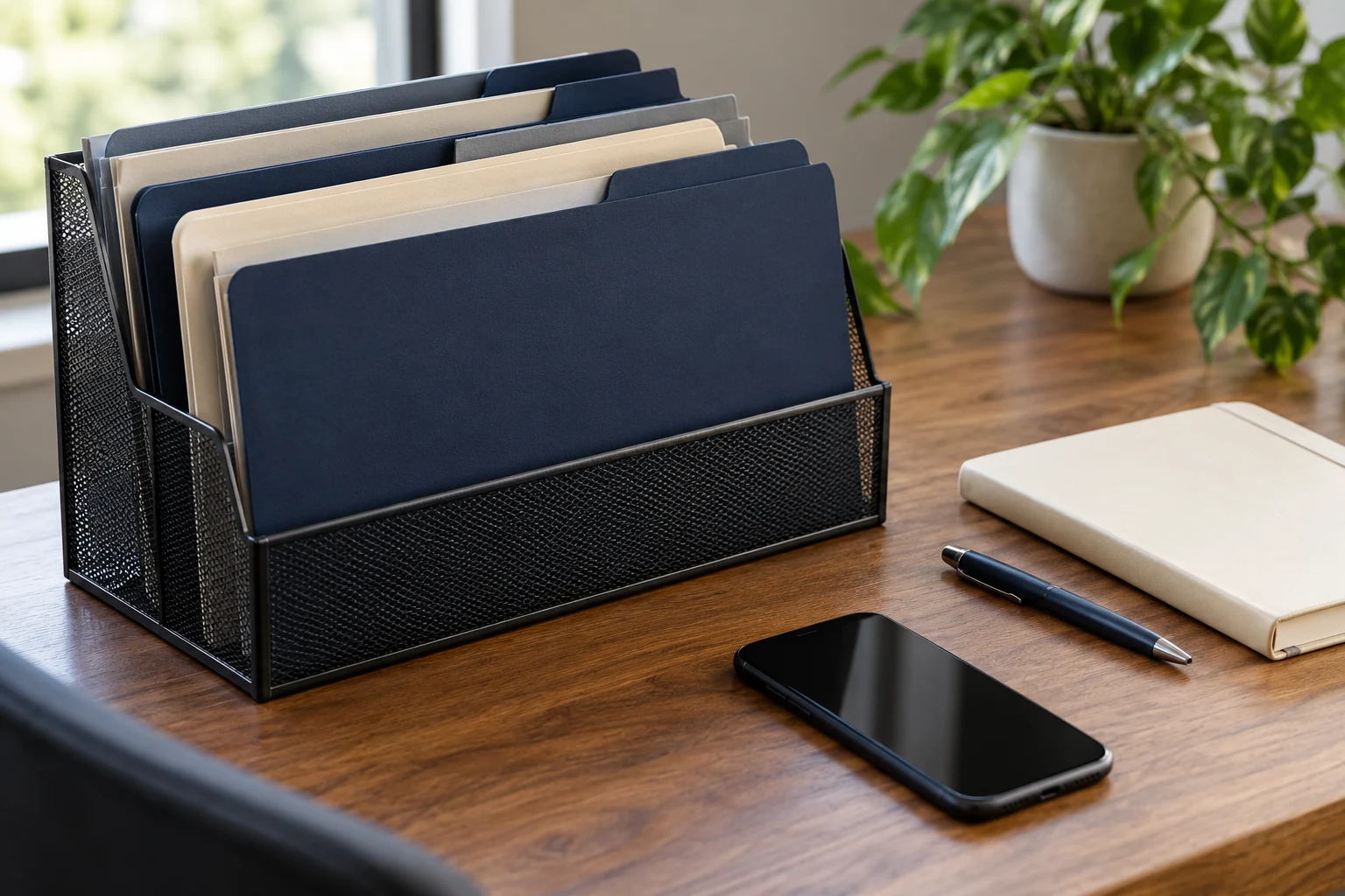 An organizer with unmarked folders beside a blank-screen phone, notebook and pen.