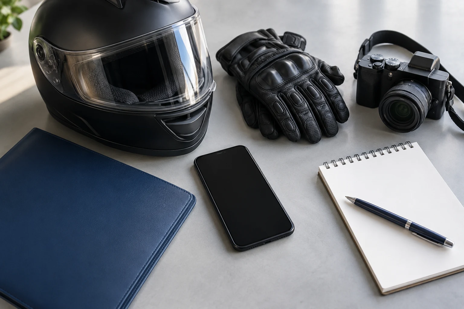 A motorcycle helmet, gloves, camera, phone, folder and blank notepad on a table.