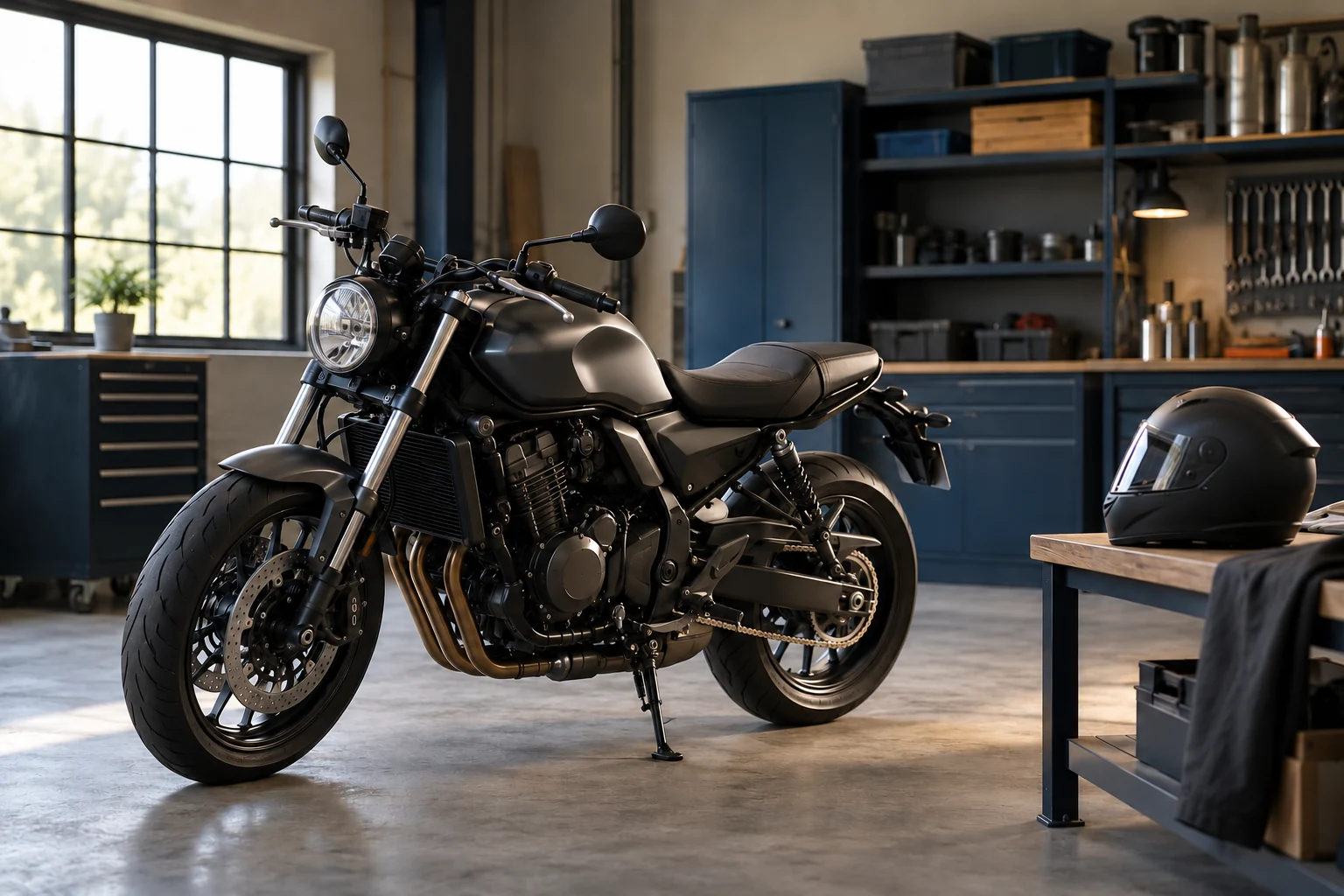 A charcoal motorcycle on its side stand in a quiet workshop, with a helmet on a nearby bench.