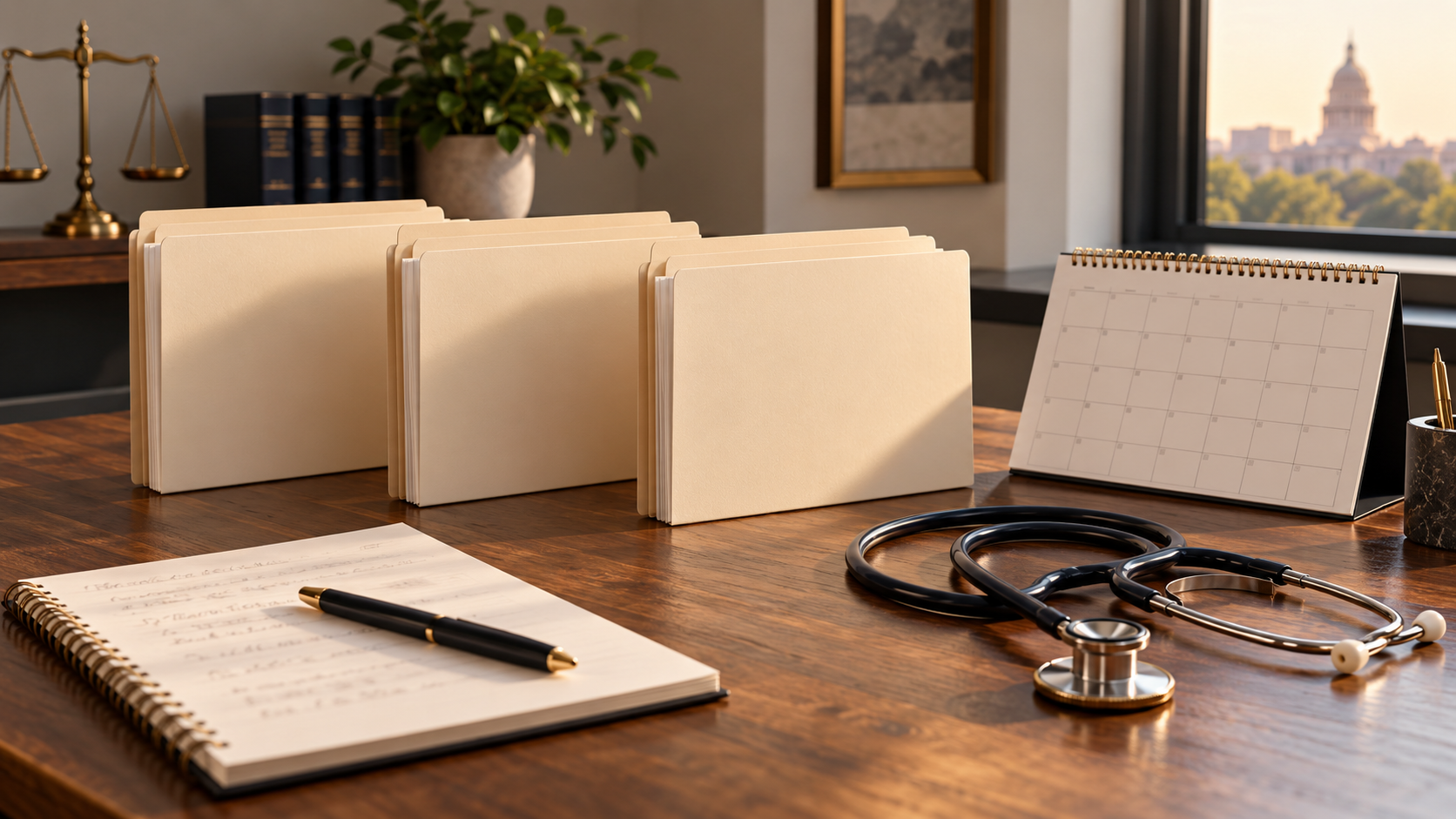 Three document folders, a blank calendar, a notebook and a stethoscope on a desk.