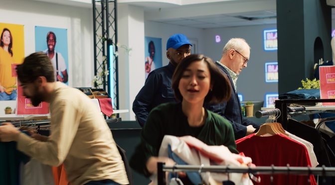 Shoppers running around retail store