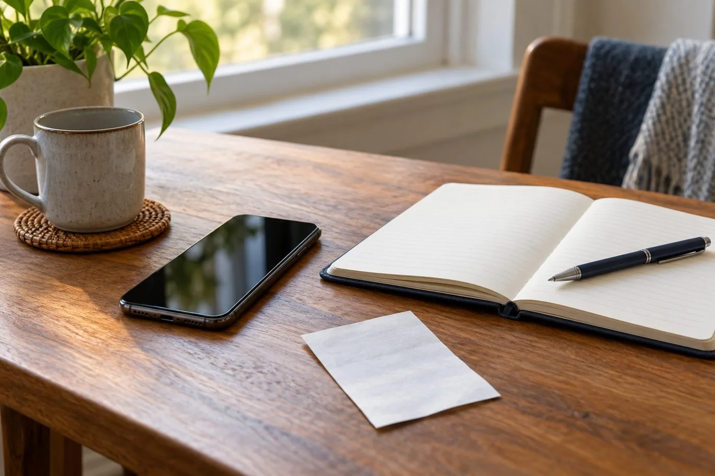 Phone, notebook, pen and a face-down receipt on a table.