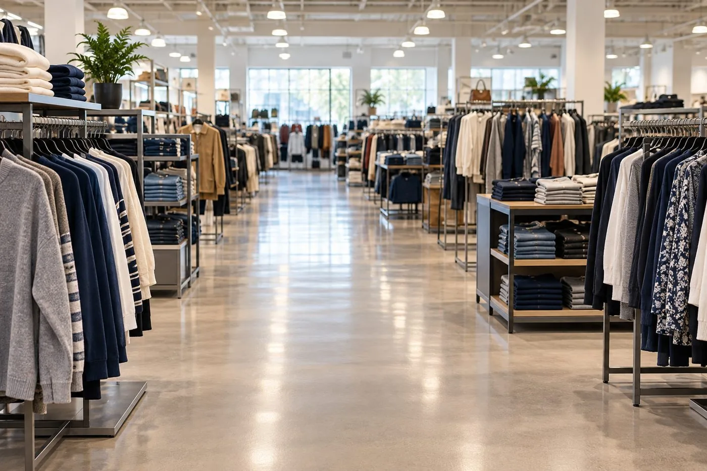 Wide aisle between clothing racks in a generic retail store.