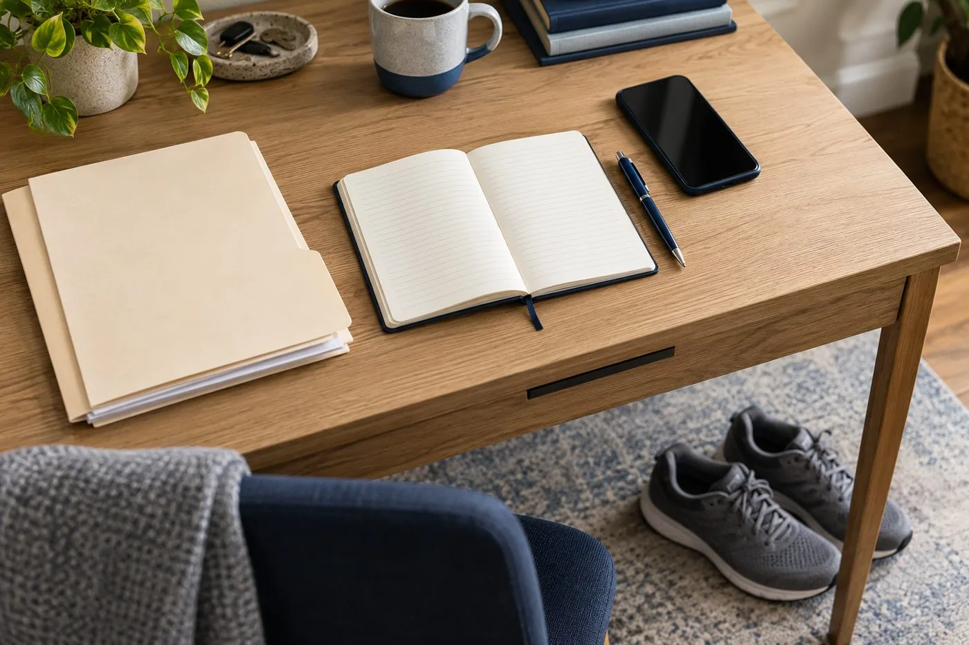 Notebook, phone and plain folder on a desk, with walking shoes beside it.