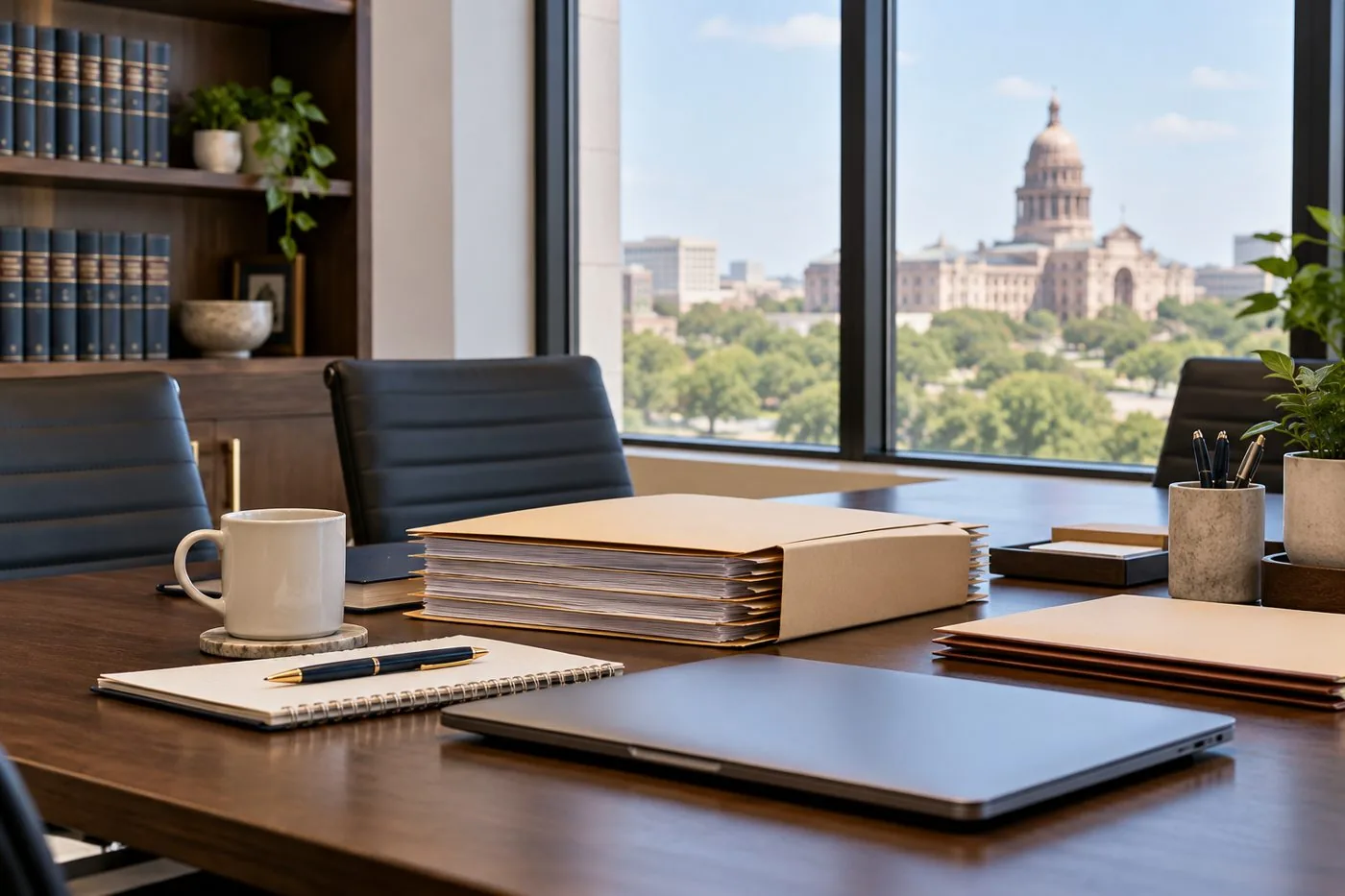 Folders and a closed laptop on an office meeting table.