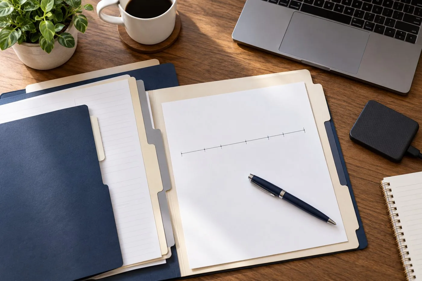 Folders, a blank timeline sheet, pen and storage drive on a desk.