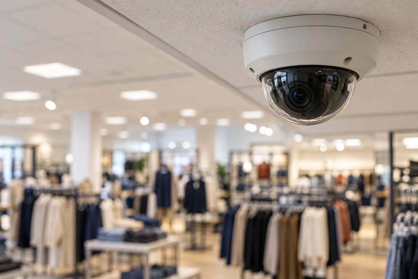 Generic ceiling-mounted security camera above blurred clothing racks.