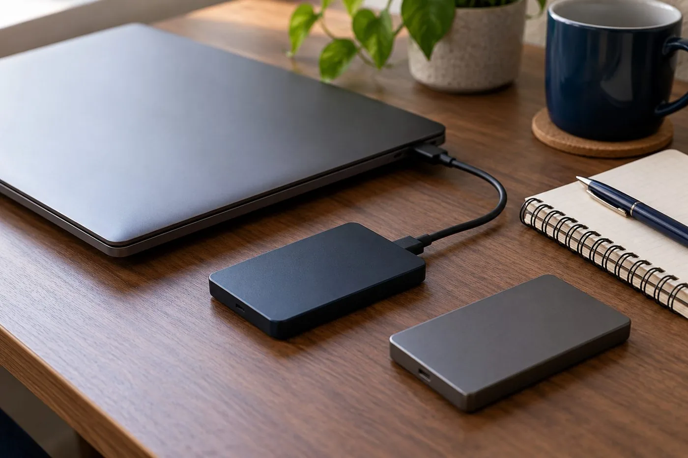 Laptop connected to an external drive, with a second drive nearby.