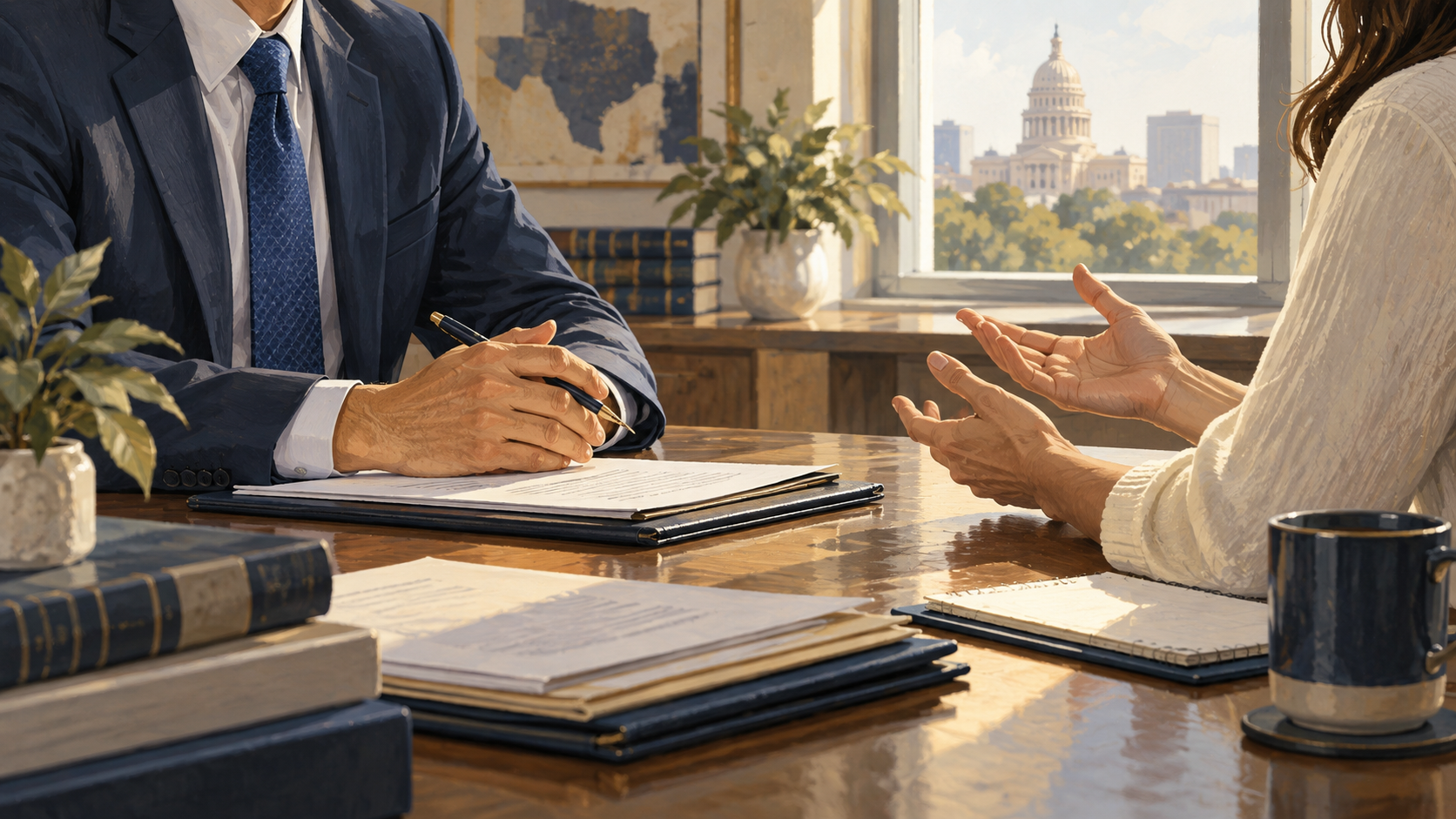 Editorial illustration of a lawyer and client discussing records at a consultation table.