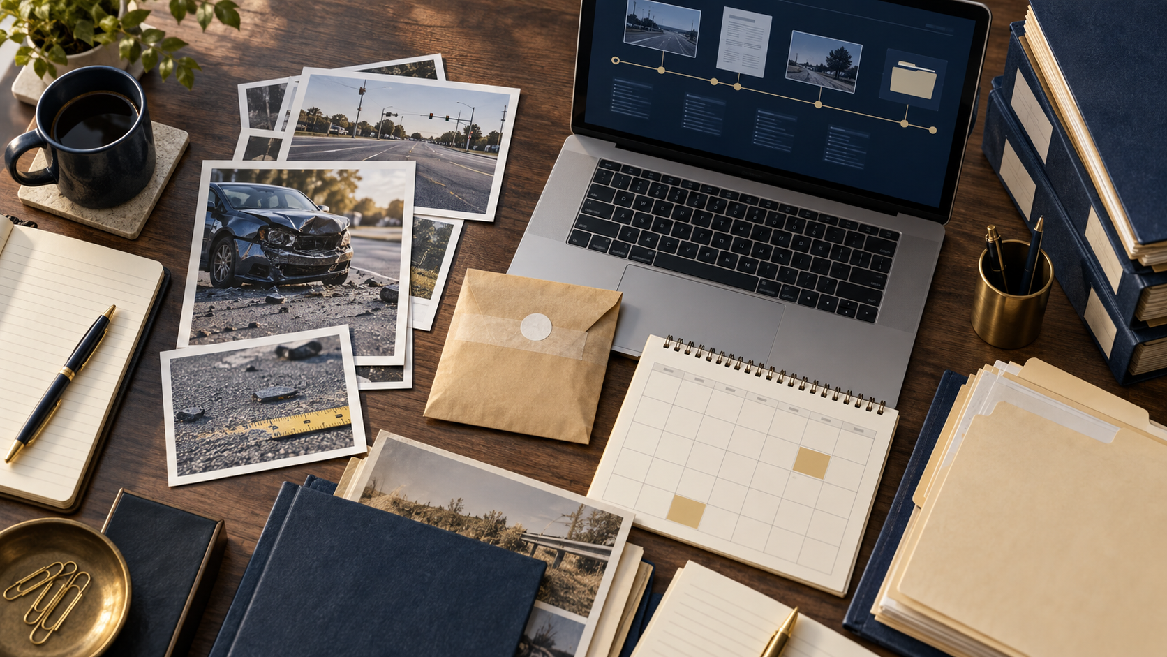 Illustration of accident photographs, preserved records, and an evidence timeline on a desk.