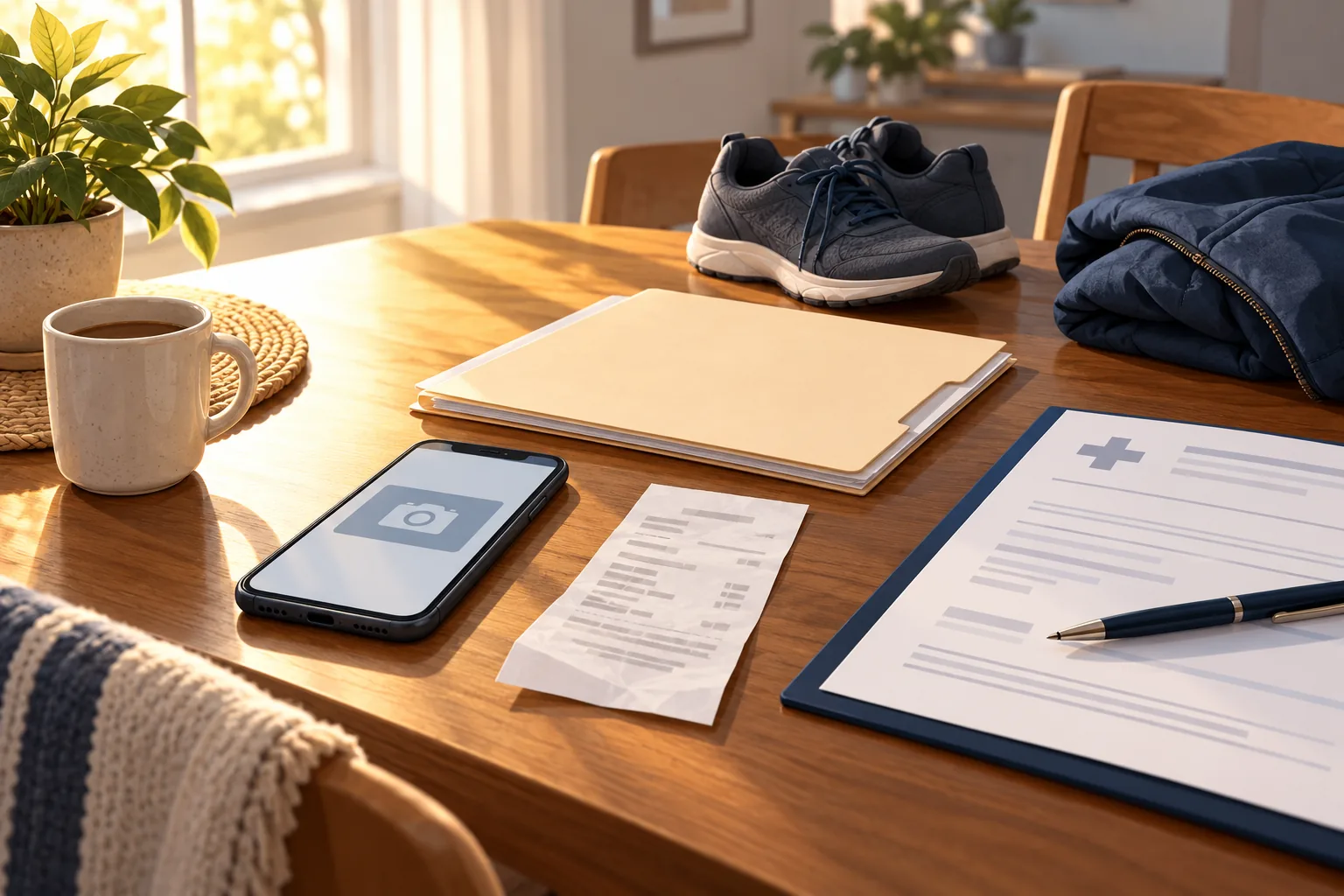 Illustration of a phone, receipt, records folder, medical document, shoes and jacket on a home table.