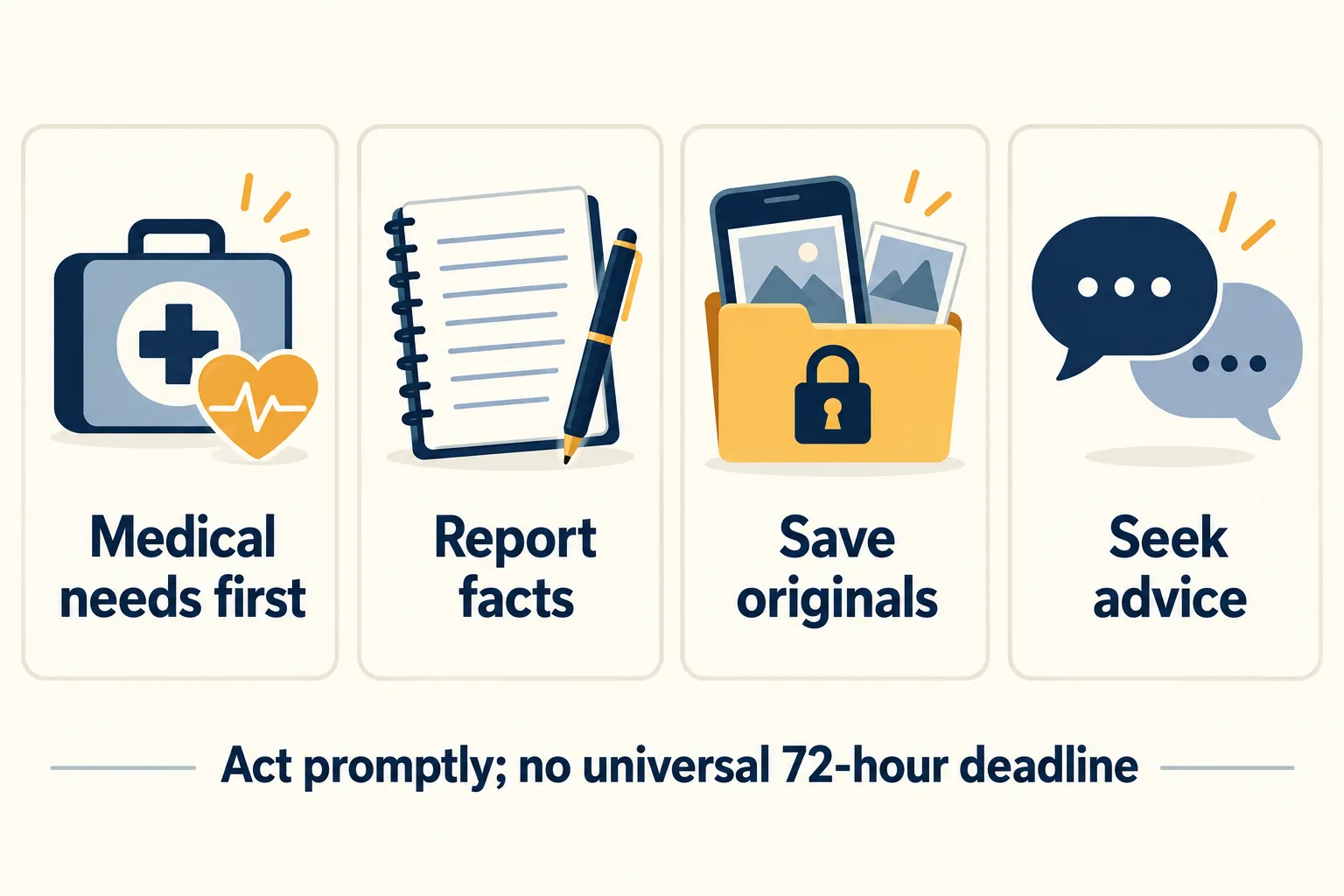Four panels read Medical needs first, Report facts, Save originals, and Seek advice; the footer says there is no universal 72-hour deadline.