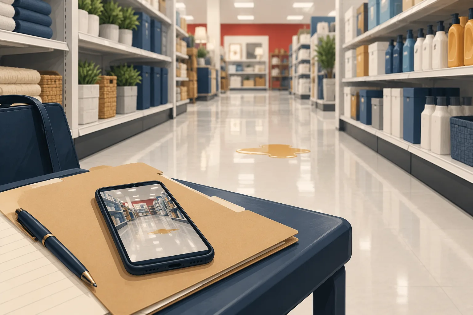 Illustration of a retail aisle spill with a phone photograph and evidence folder.