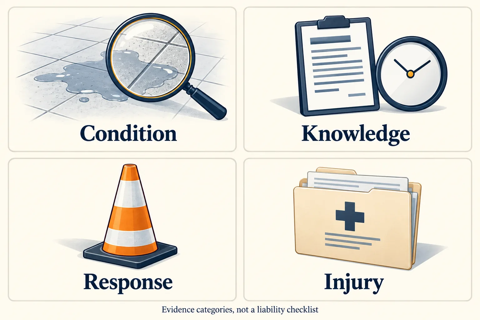 Four panels illustrate condition, knowledge, response and injury, with a caution that these are evidence categories rather than a liability checklist.