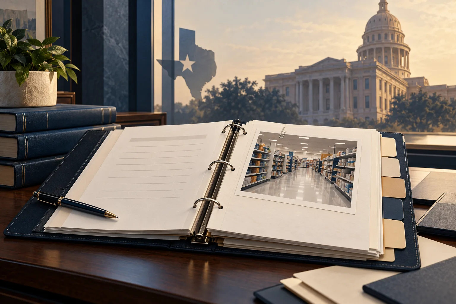 Illustration of an open evidence binder with a retail aisle image and civic architecture in the background.