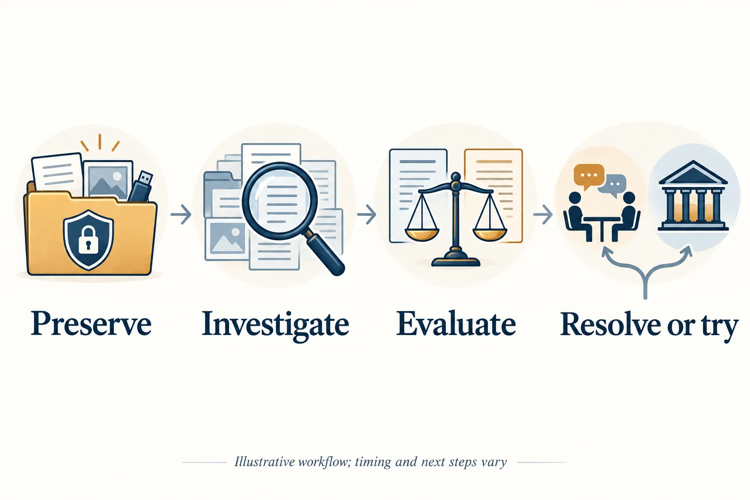 Four stages labeled Preserve, Investigate, Evaluate, and Resolve or try, qualified as an illustrative workflow whose timing and next steps vary.