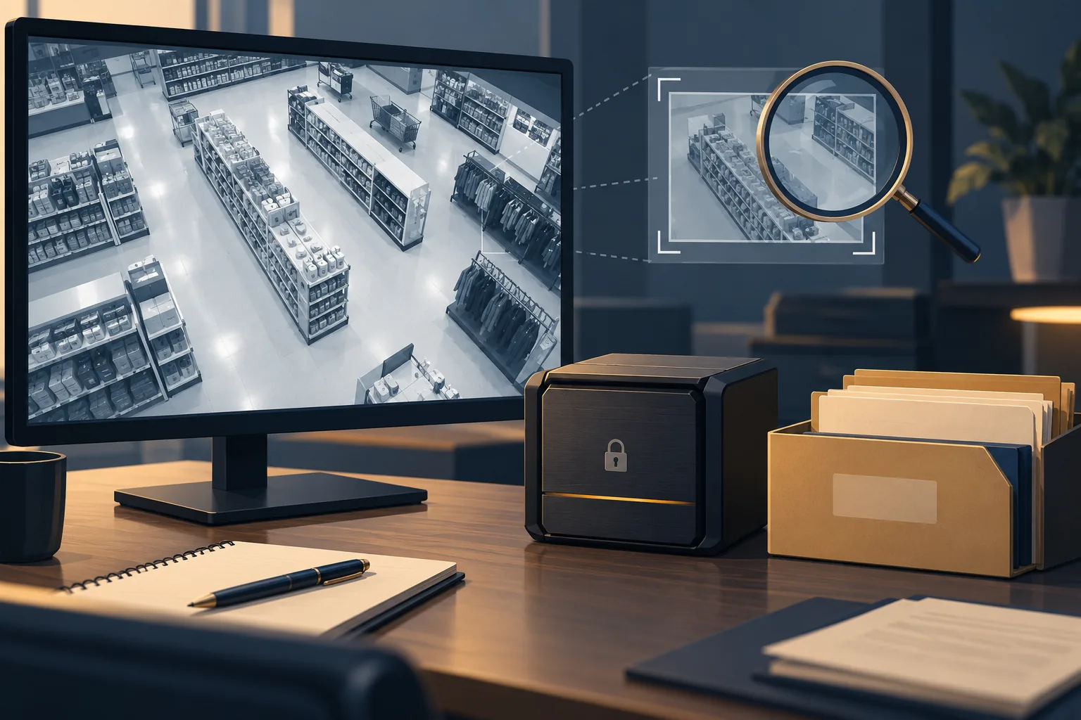Illustration of a generic overhead retail camera view, secured storage, a working folder and a magnified frame.