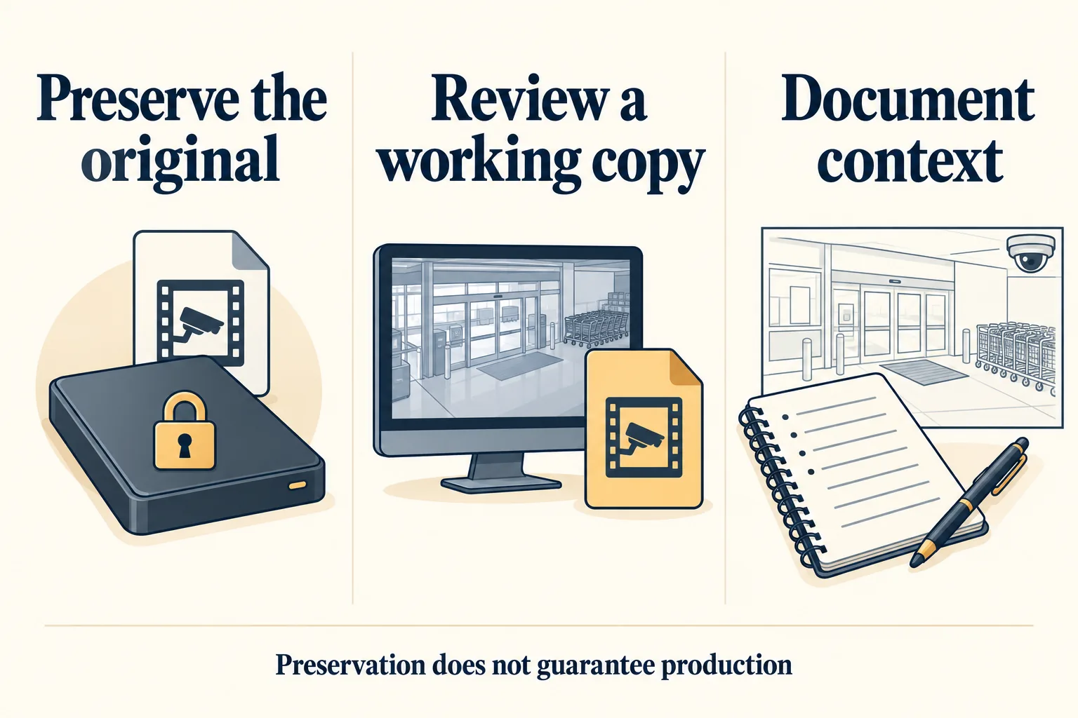 Three panels read Preserve the original, Review a working copy, and Document context; the footer says preservation does not guarantee production.