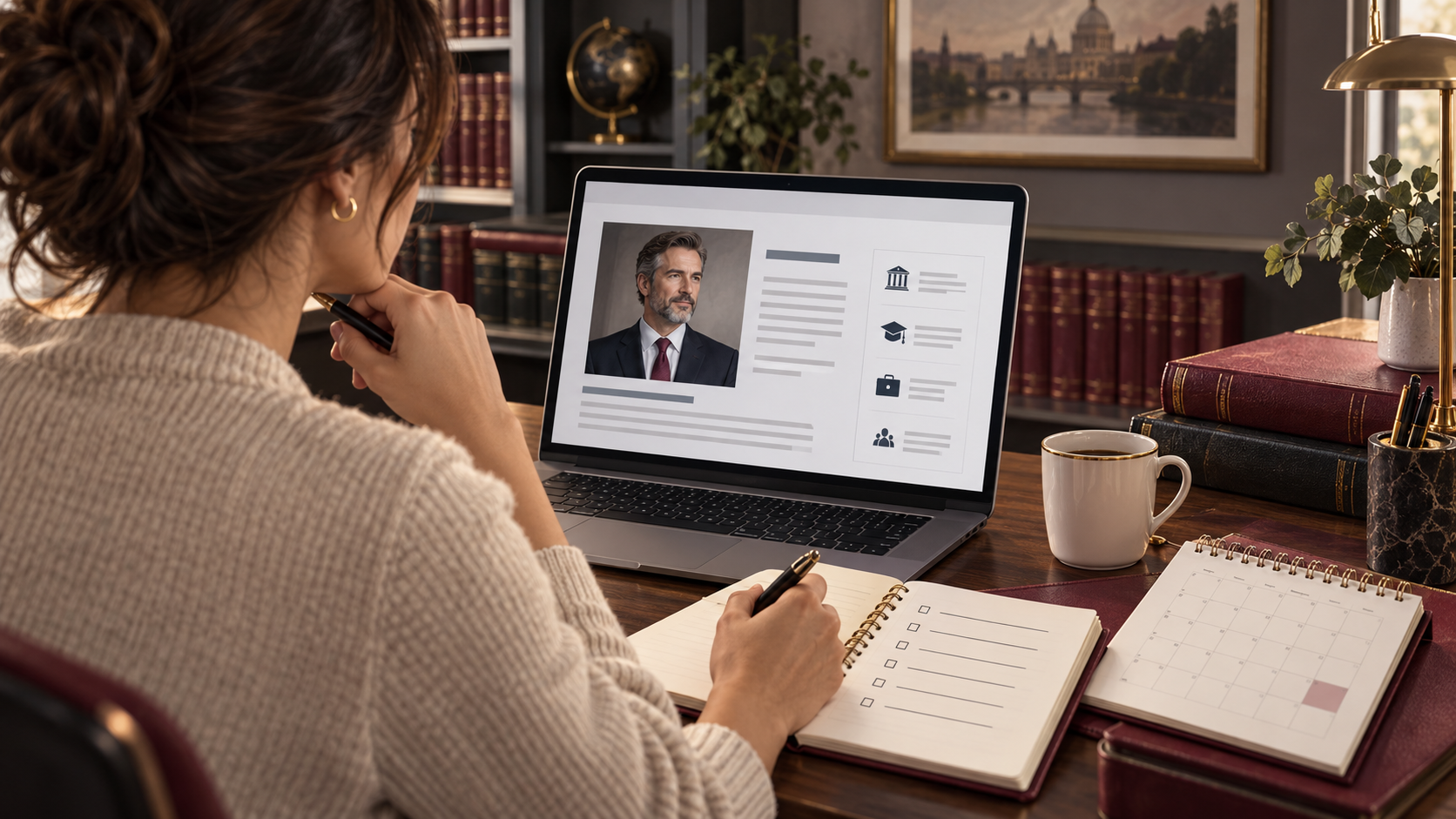 Conceptual illustration of a prospective client checking an attorney profile and consultation questions
