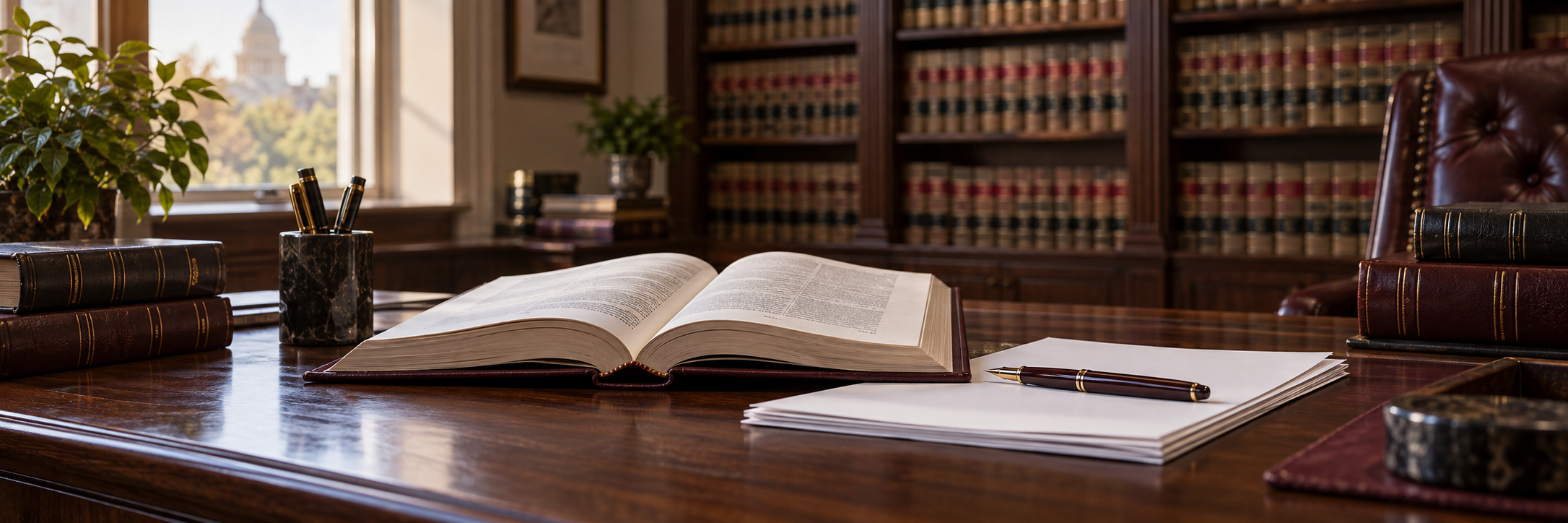 Law book and examination papers on a desk in a quiet law library.
