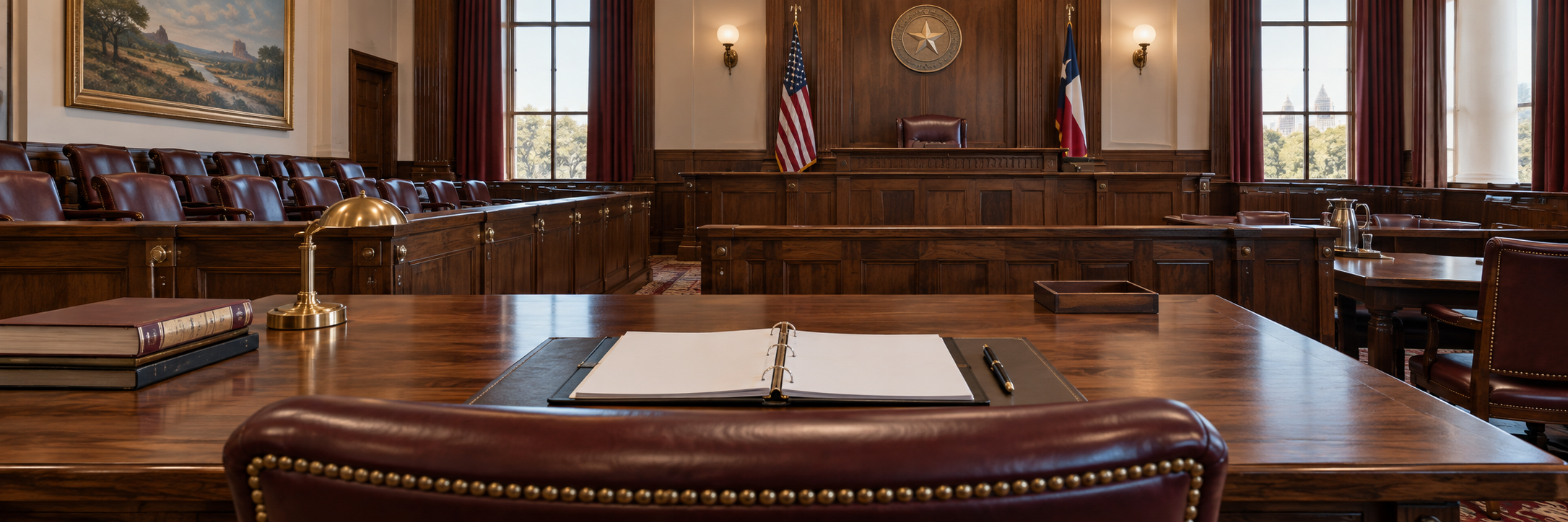 An open trial binder on a lead counsel table facing an empty Texas courtroom.