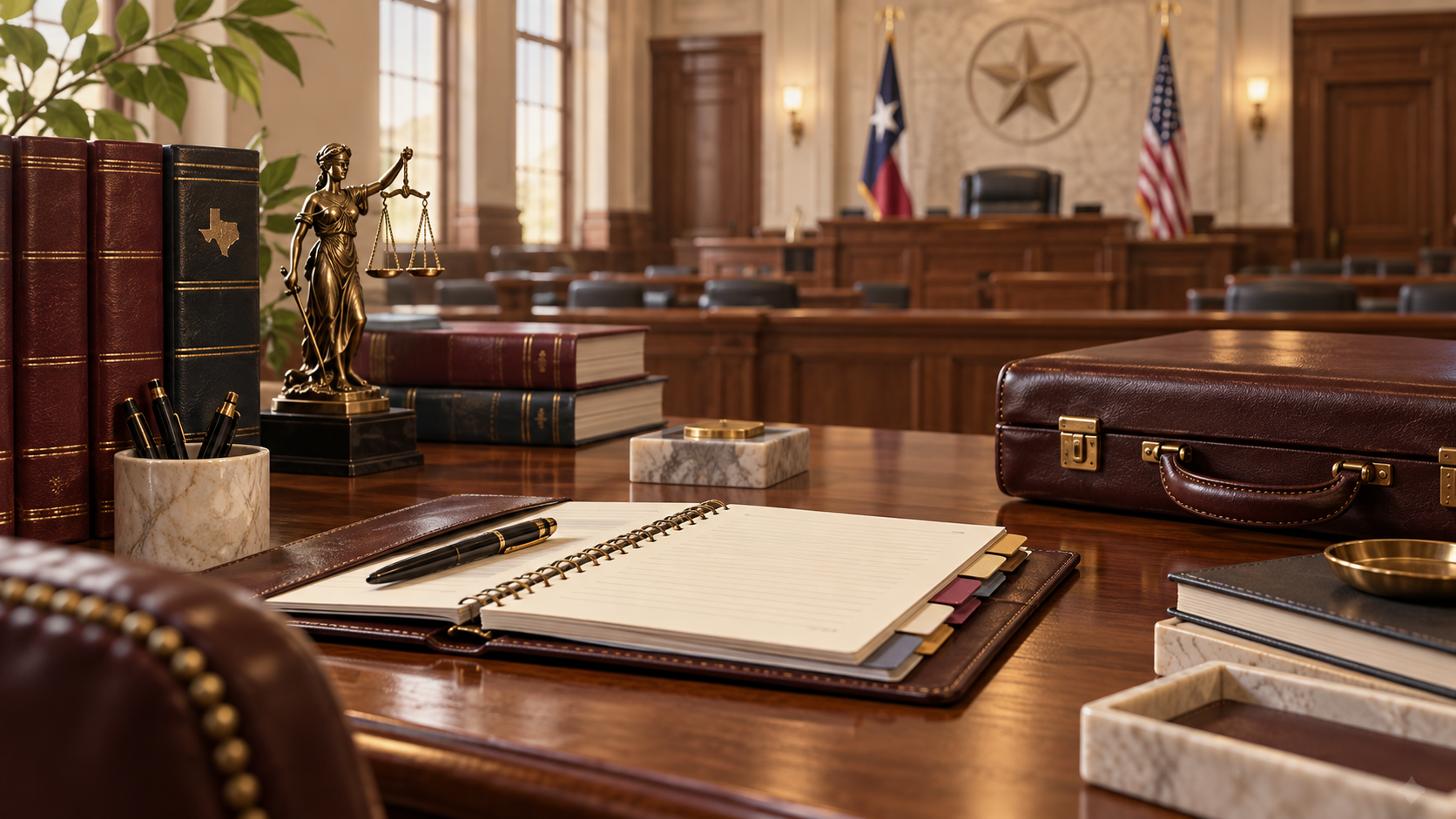 Conceptual illustration of trial preparation materials and an empty courtroom