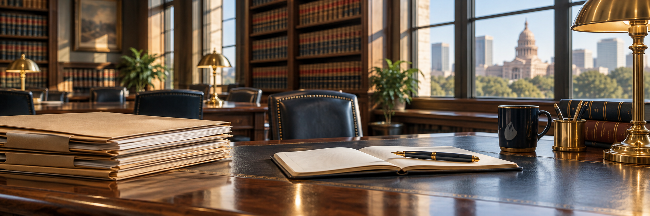 Law books and organized case files on a study table in a legal library.