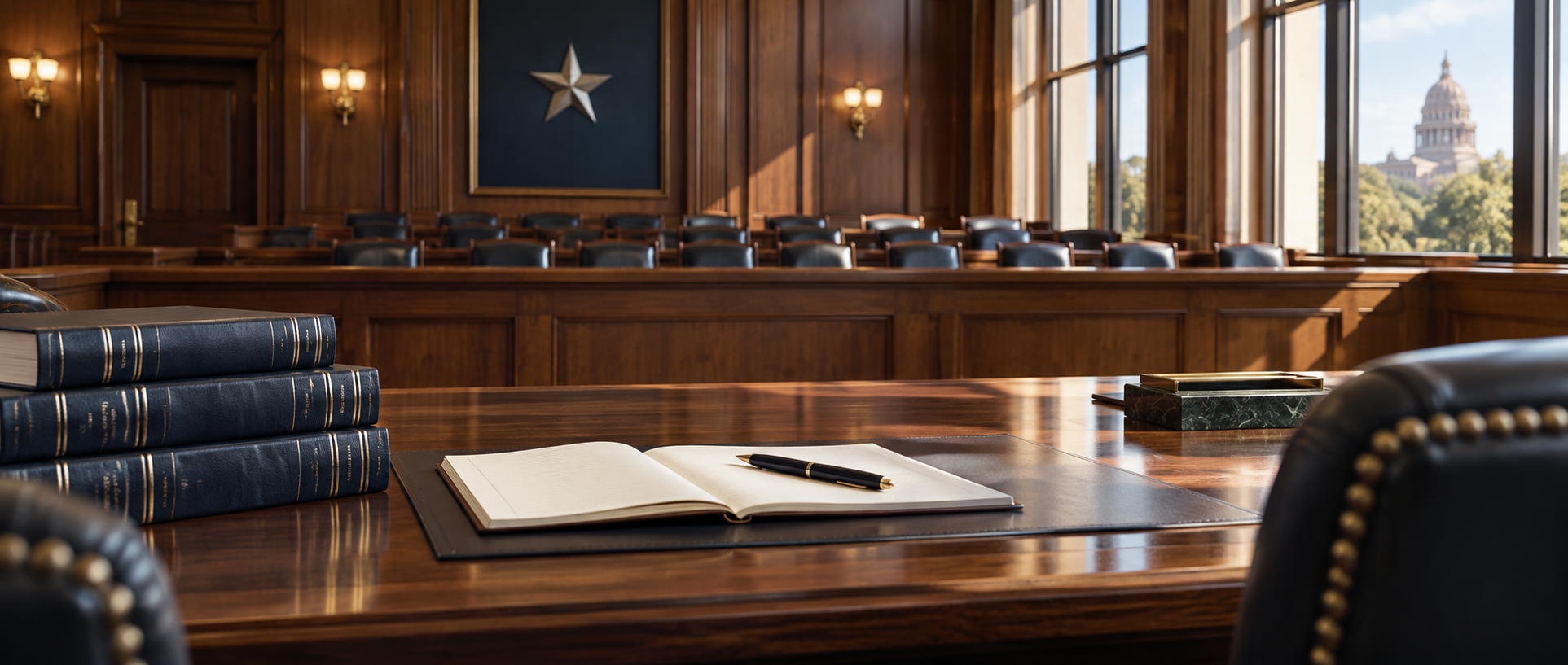 Illustrative Texas courtroom with law books and a notebook on counsel table.