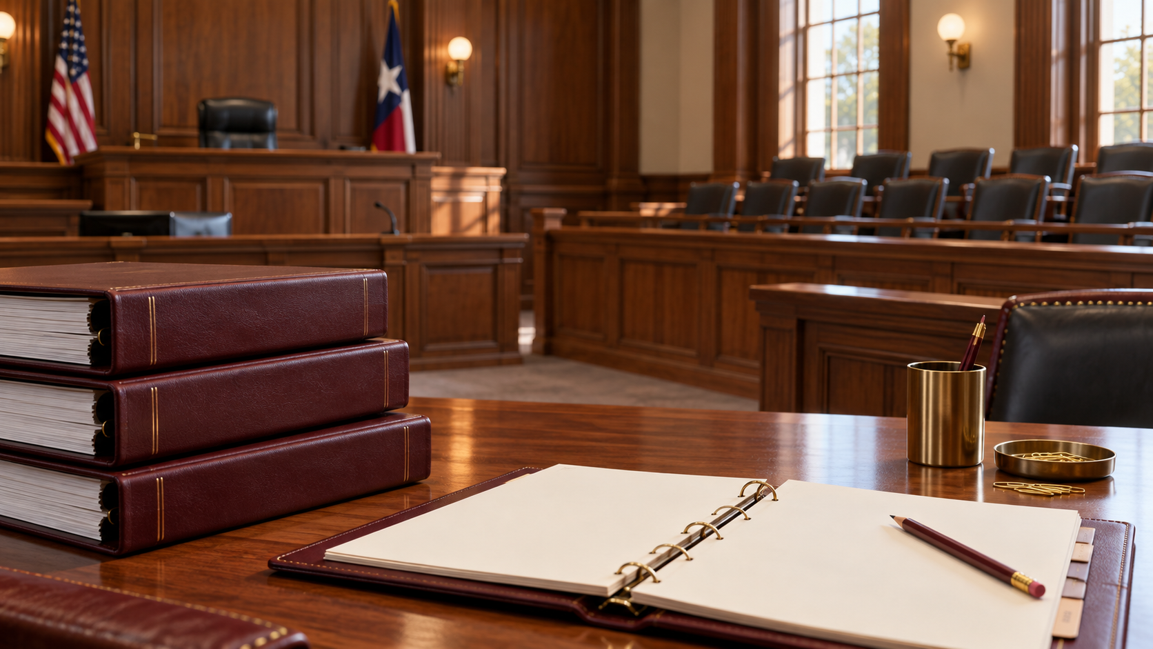 Conceptual illustration of trial binders and a record book at counsel table in an empty courtroom