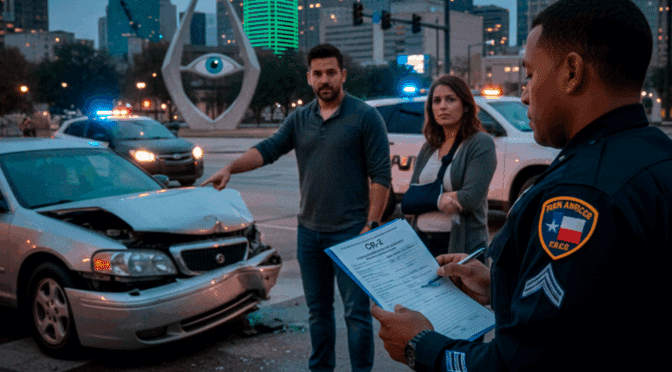 A person holding a blue clipboard and legal documents at a car accident scene, representing the Texas Blue Form CR-2 driver crash report.