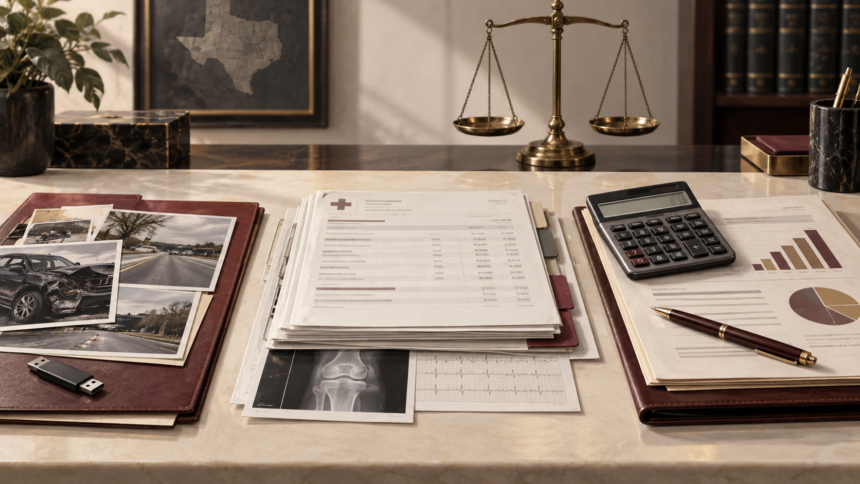 Illustration of medical statements, a calculator and a case folder