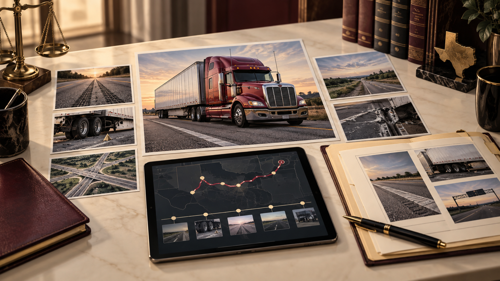 Illustration of truck photographs, route data and an evidence folder for a Texas truck accident investigation