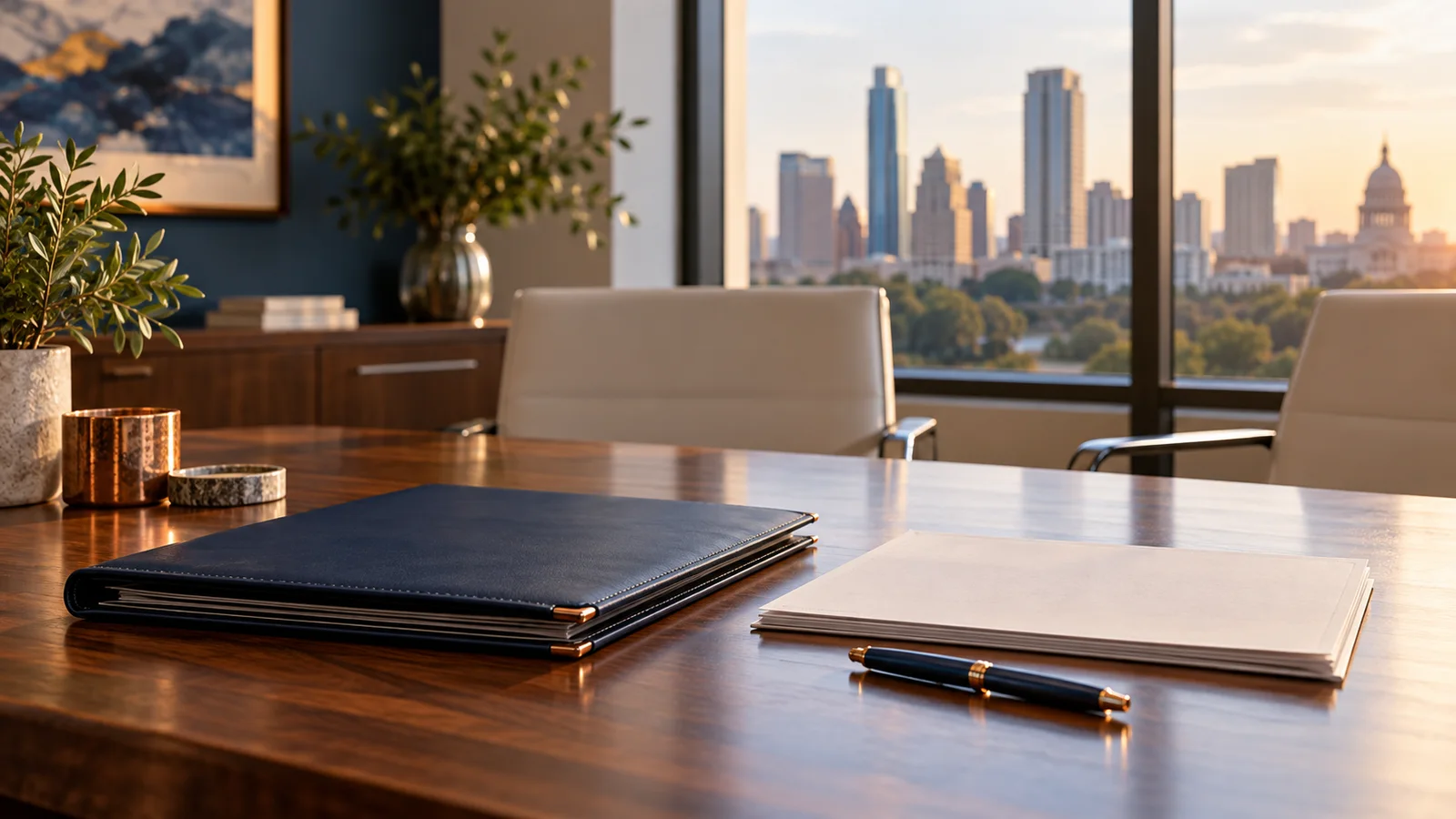 A case folder, papers and pen on a conference table with a city skyline in the background.