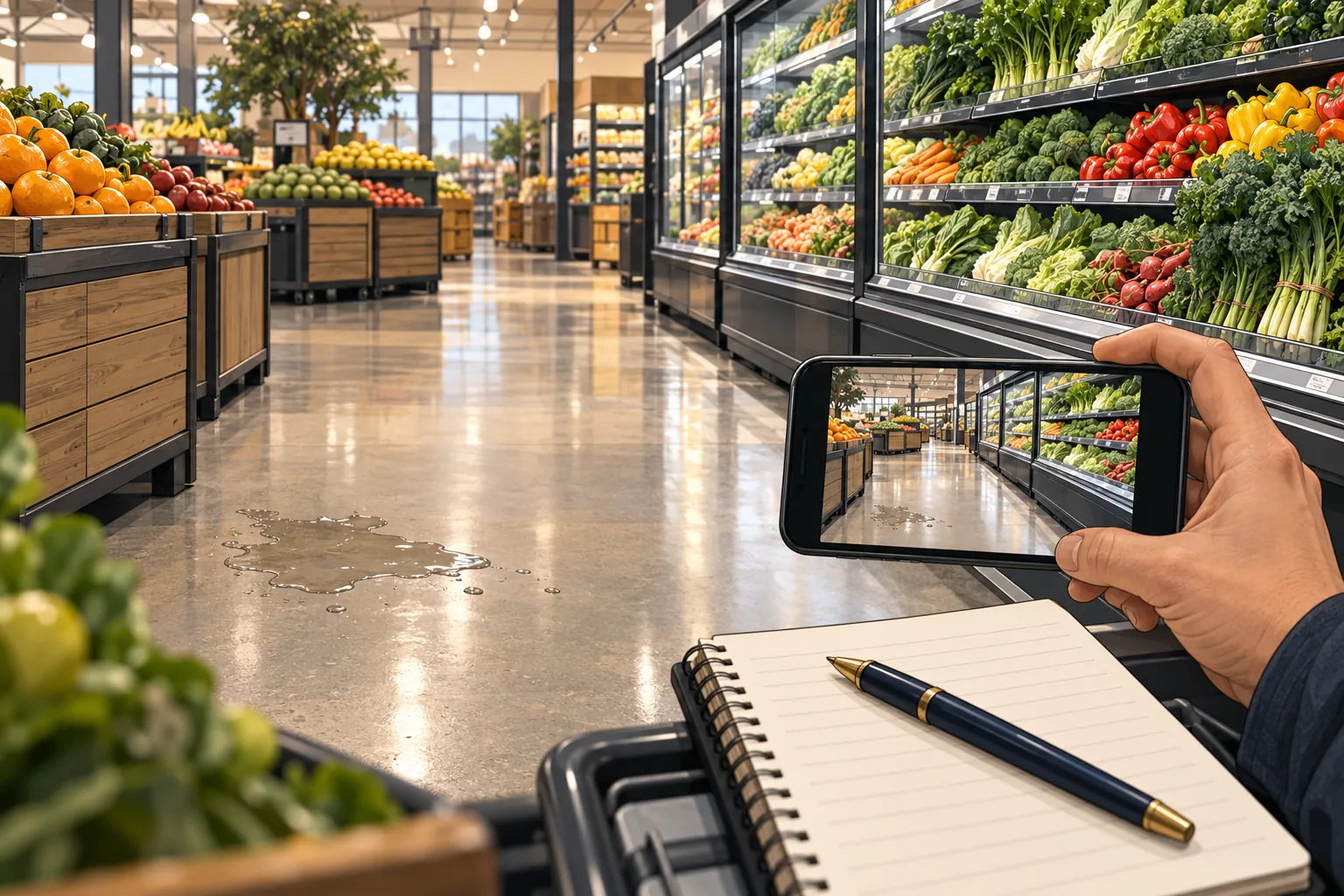 Illustrative grocery aisle with produce, refrigerated cases, a small floor spill and a phone photograph.